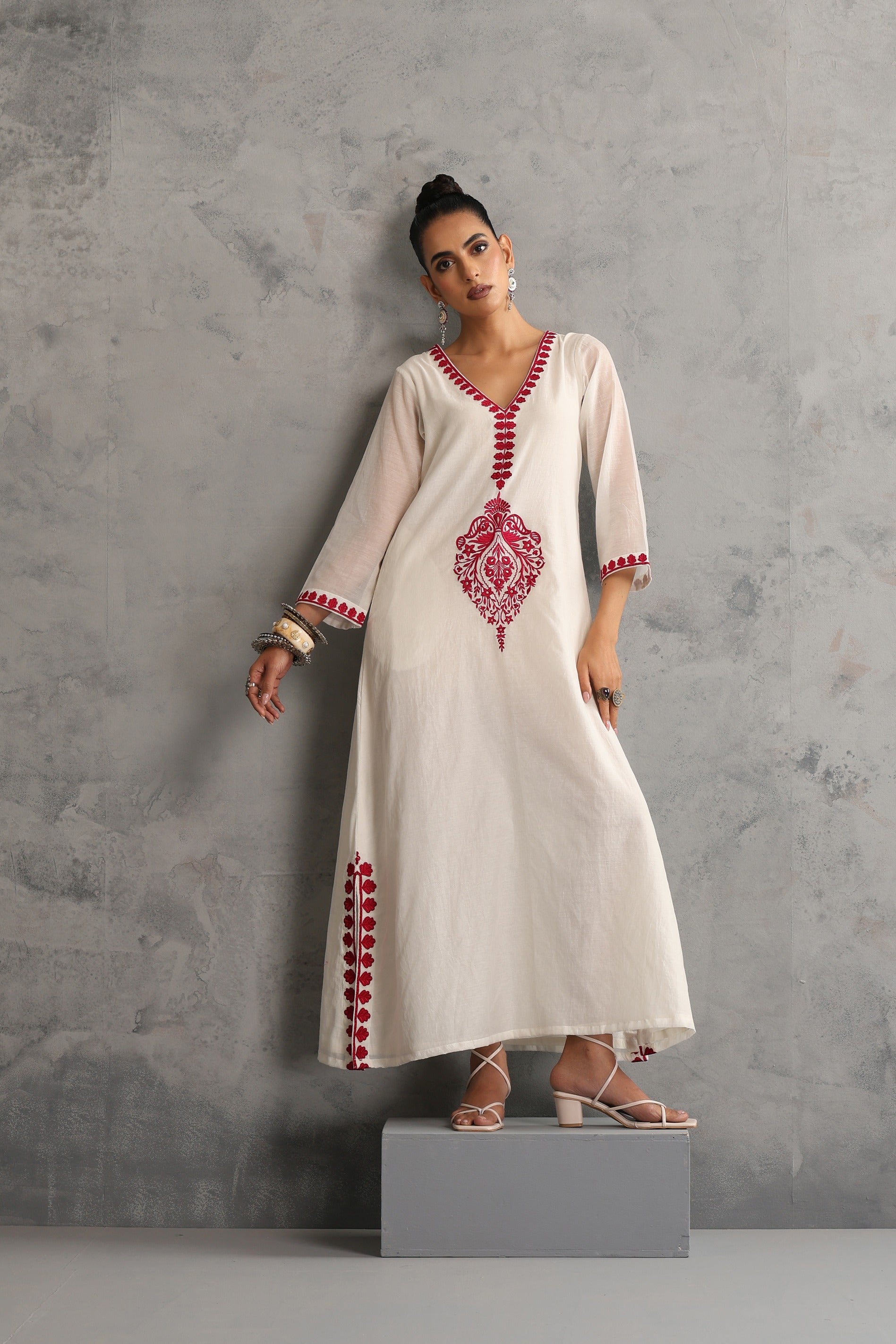 Off White Embroidered Kaftan