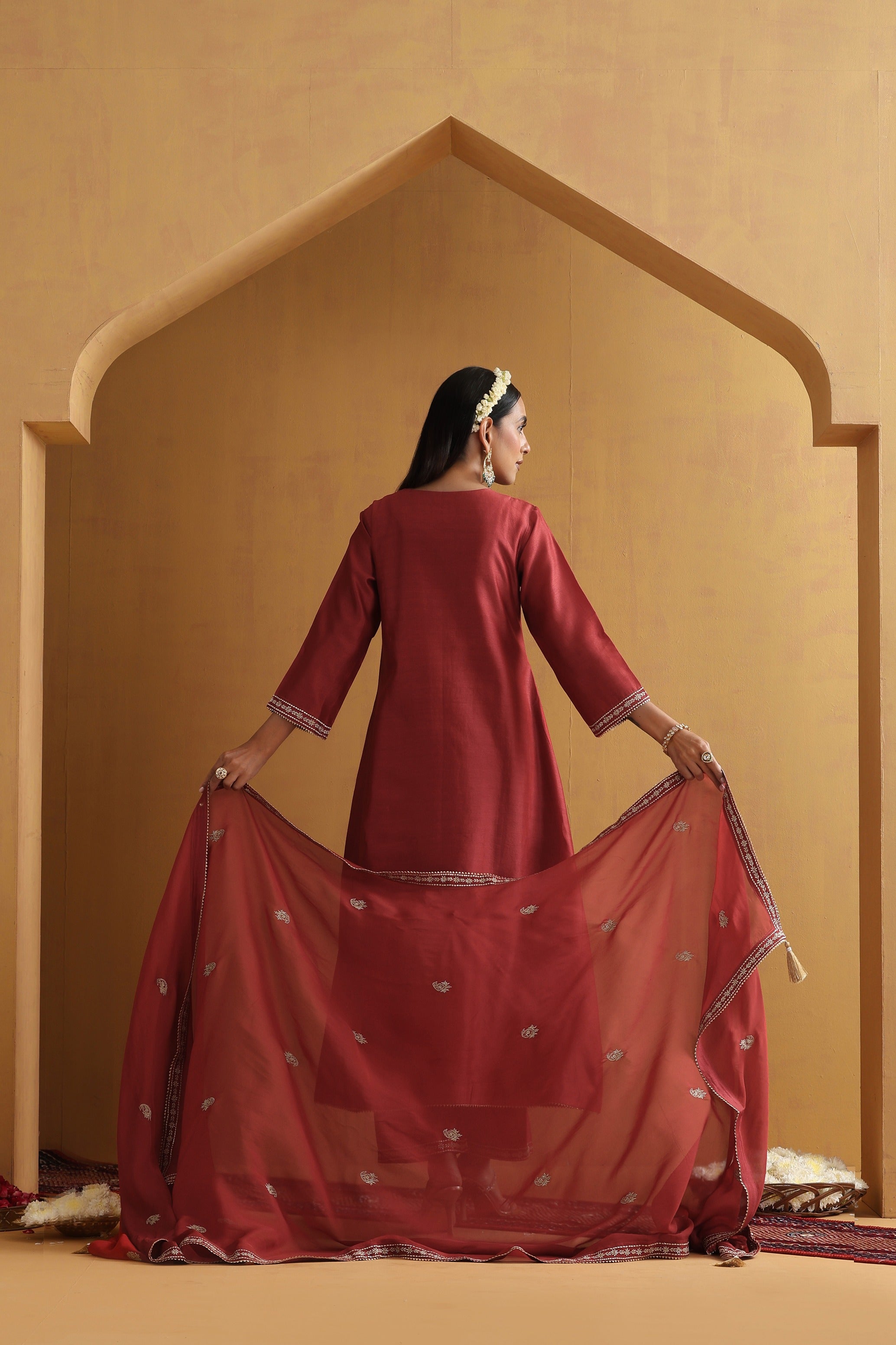 Rust Embroidered Pintex Kurta Set with Dupatta