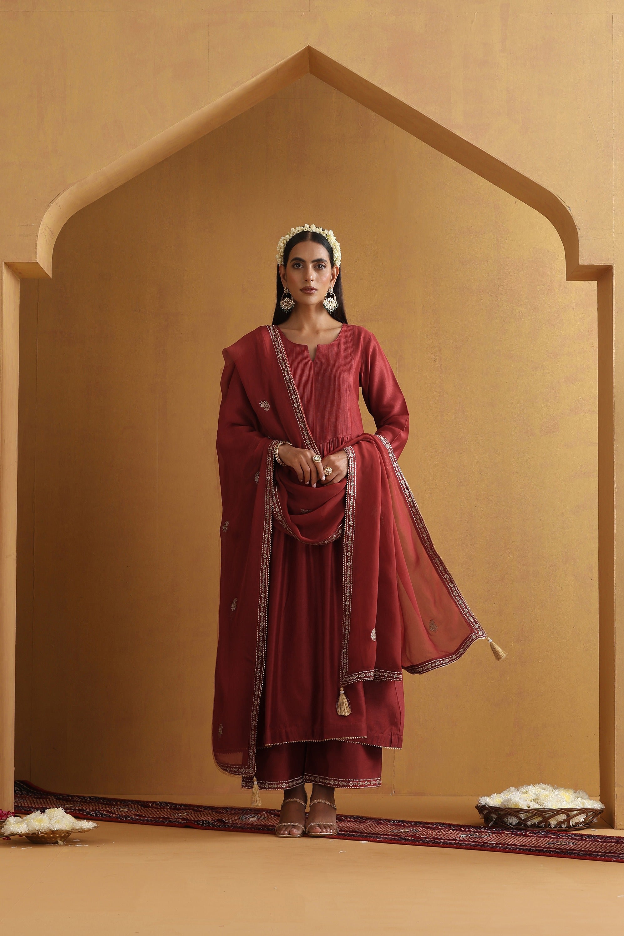 Rust Embroidered Pintex Kurta Set with Dupatta
