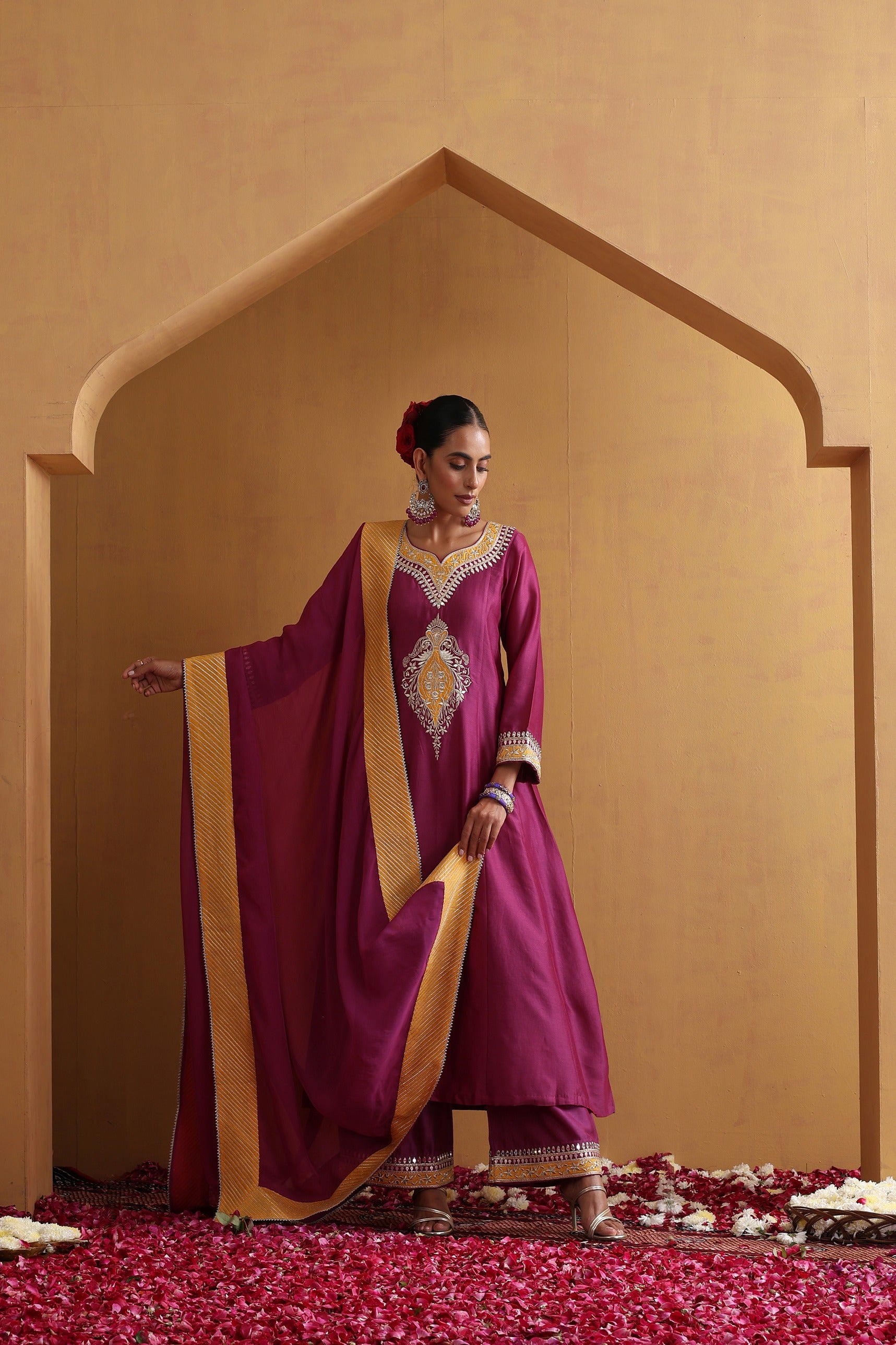 Wine and Yellow Embroidered Kurta Set with Dupatta