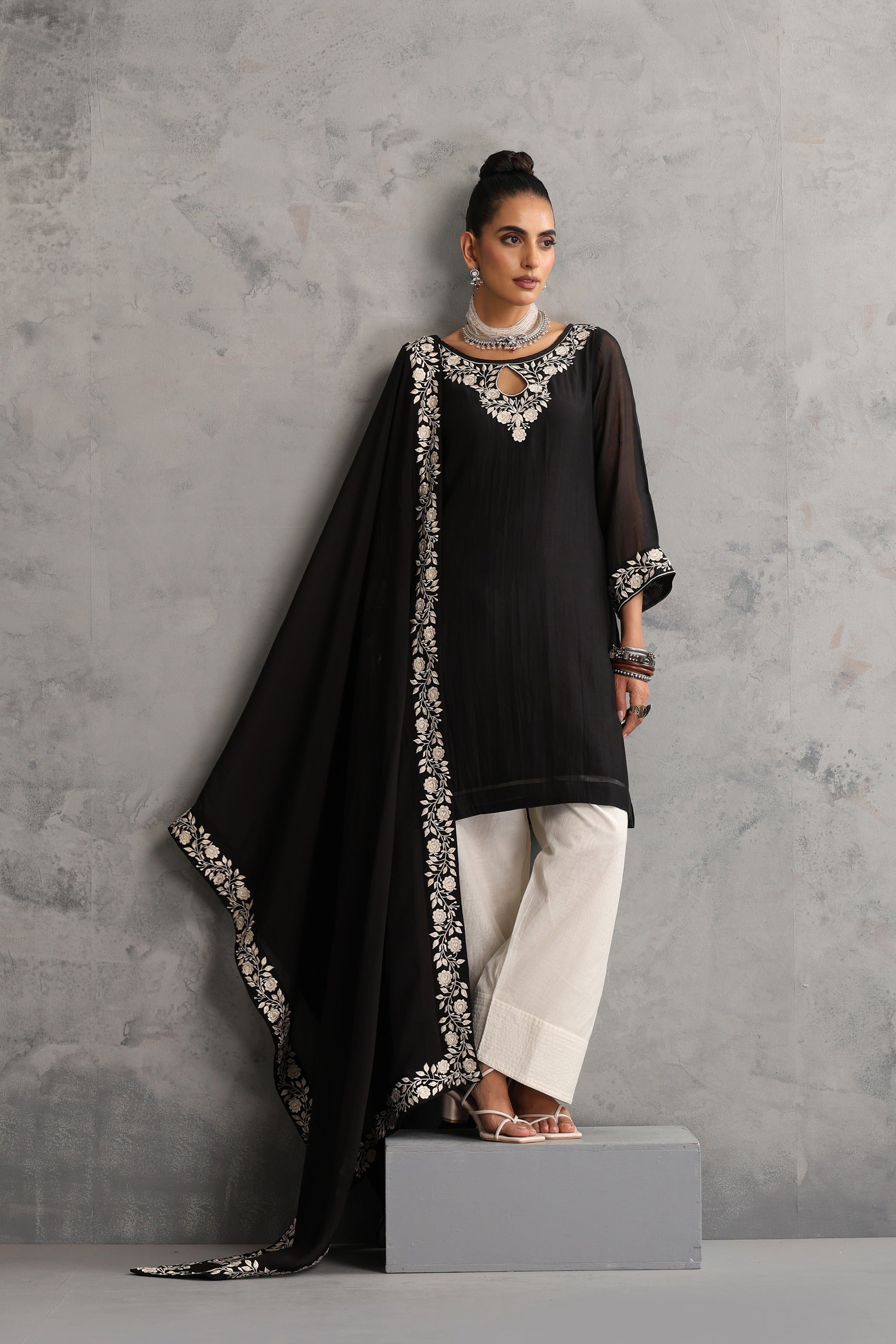 Black Embroidered Kurta Set with Dupatta