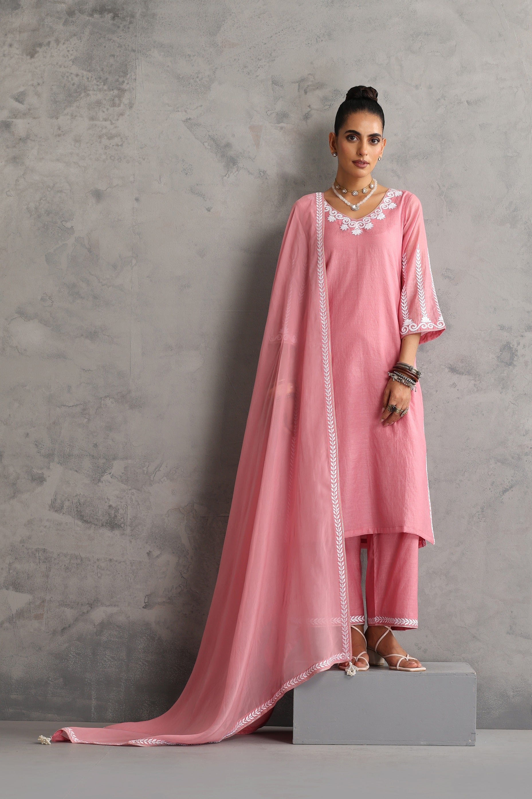 Rose Pink Embroidered Kurta Set with Dupatta