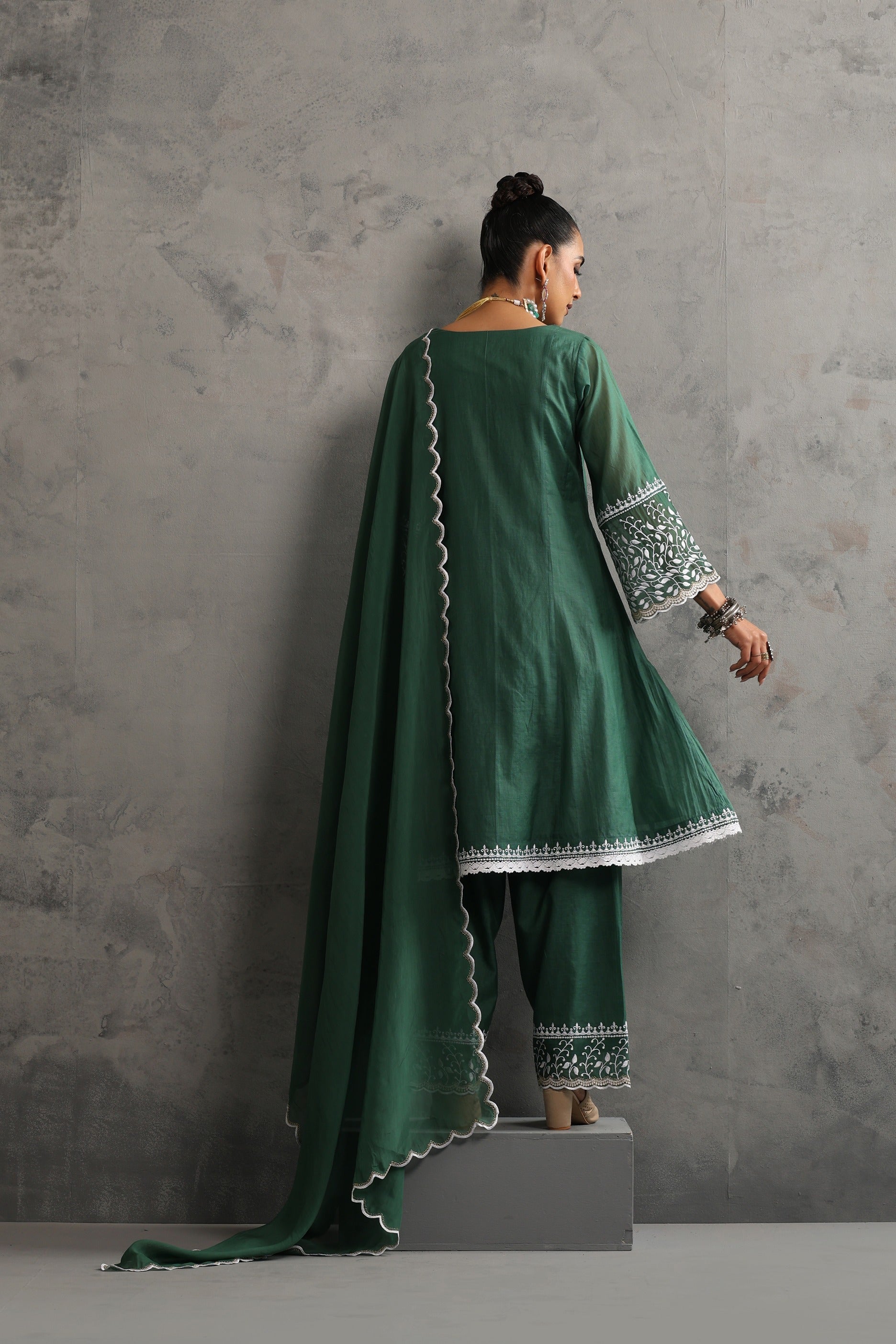 Deep Green Embroidered Kurta Set with Dupatta