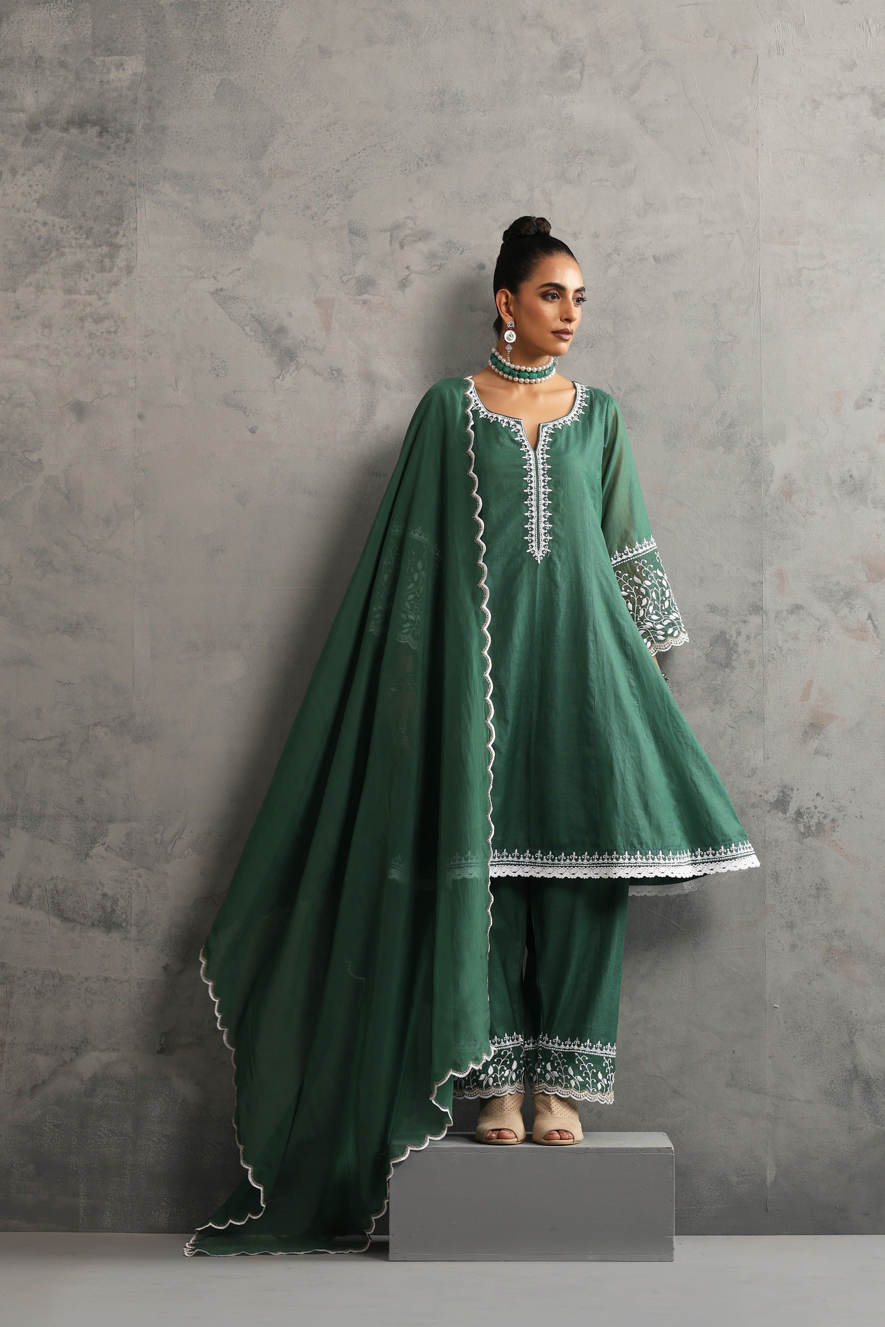 Deep Green Embroidered Kurta Set with Dupatta
