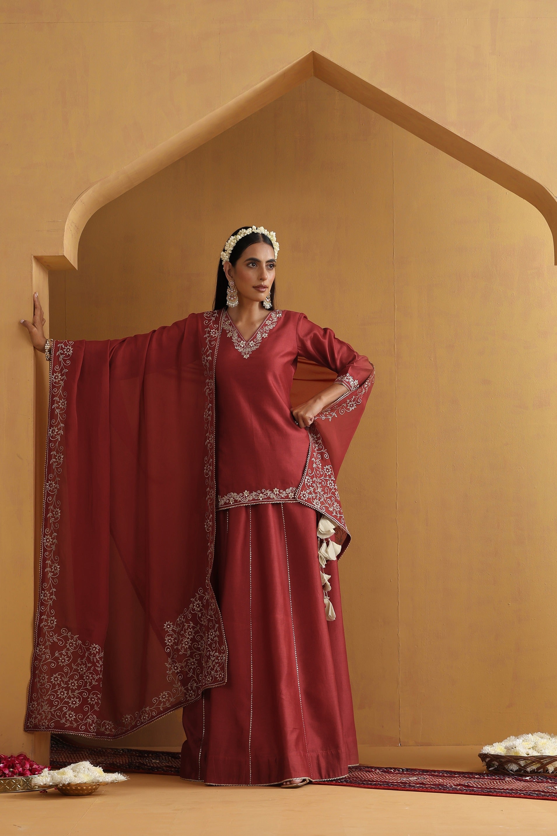 Rust Embroidered Lehenga Set with Dupatta