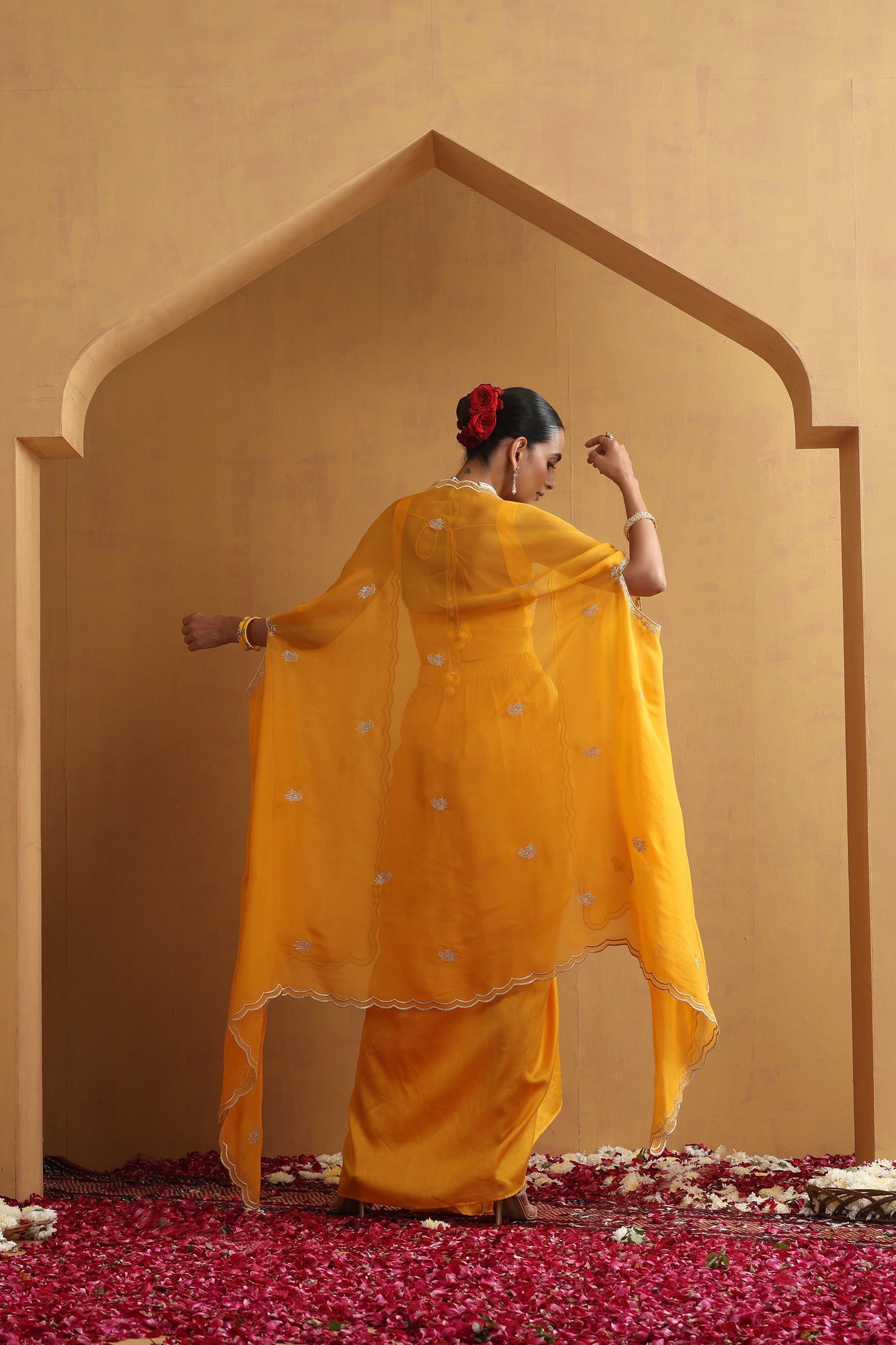 Yellow Embroidered Draped Skirt Set with Cape