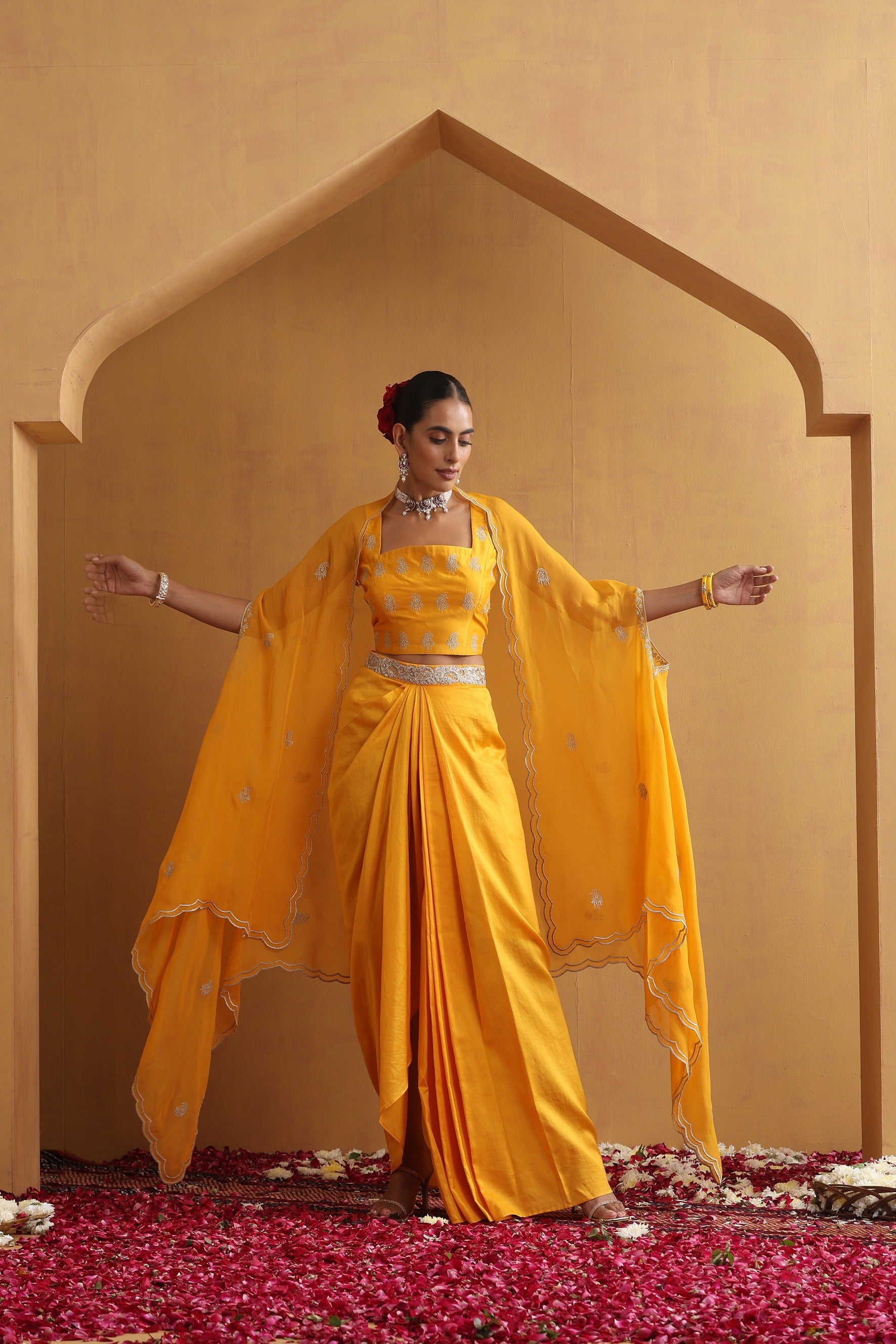 Yellow Embroidered Draped Skirt Set with Cape