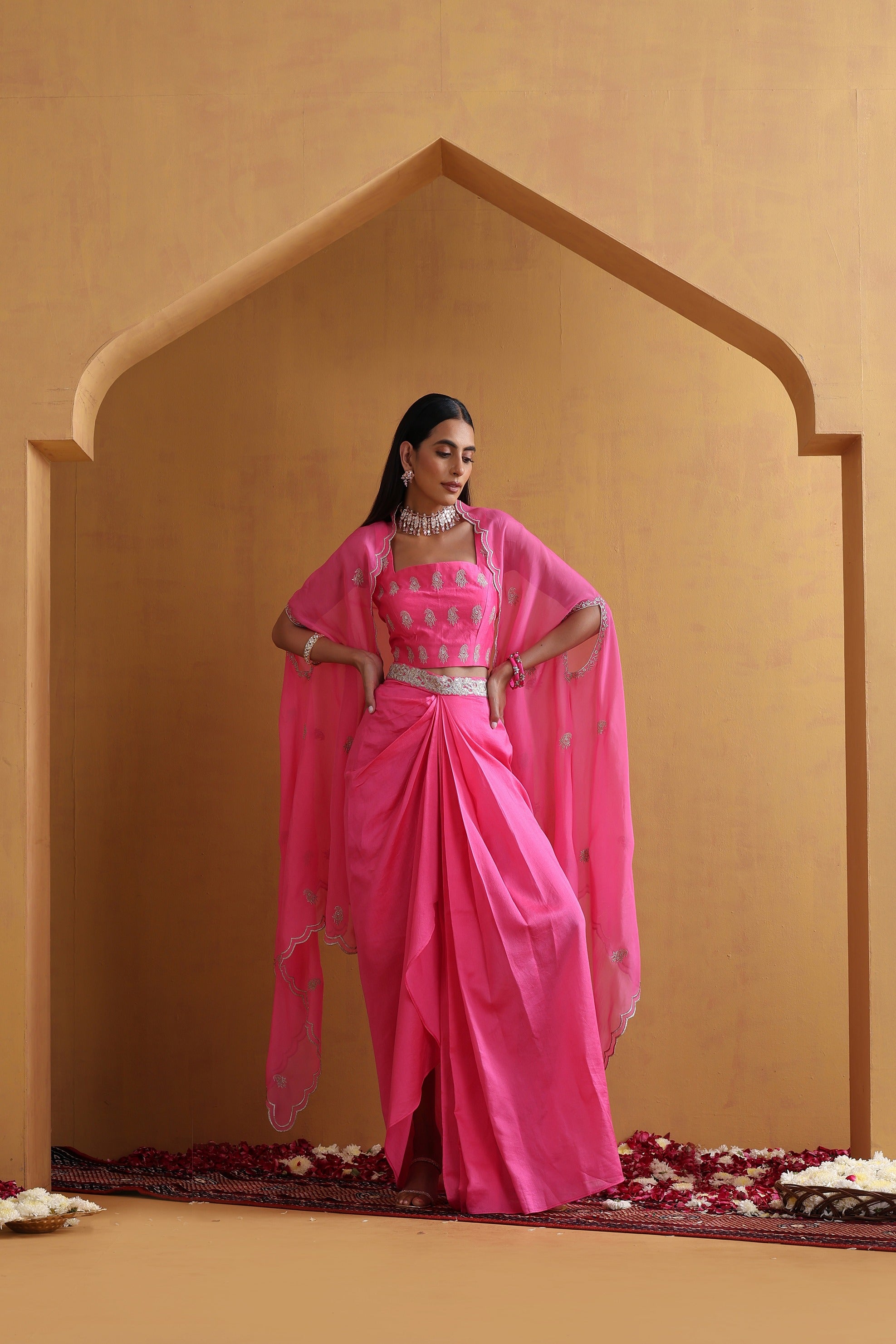 Pink Embroidered Draped Skirt Set with Cape