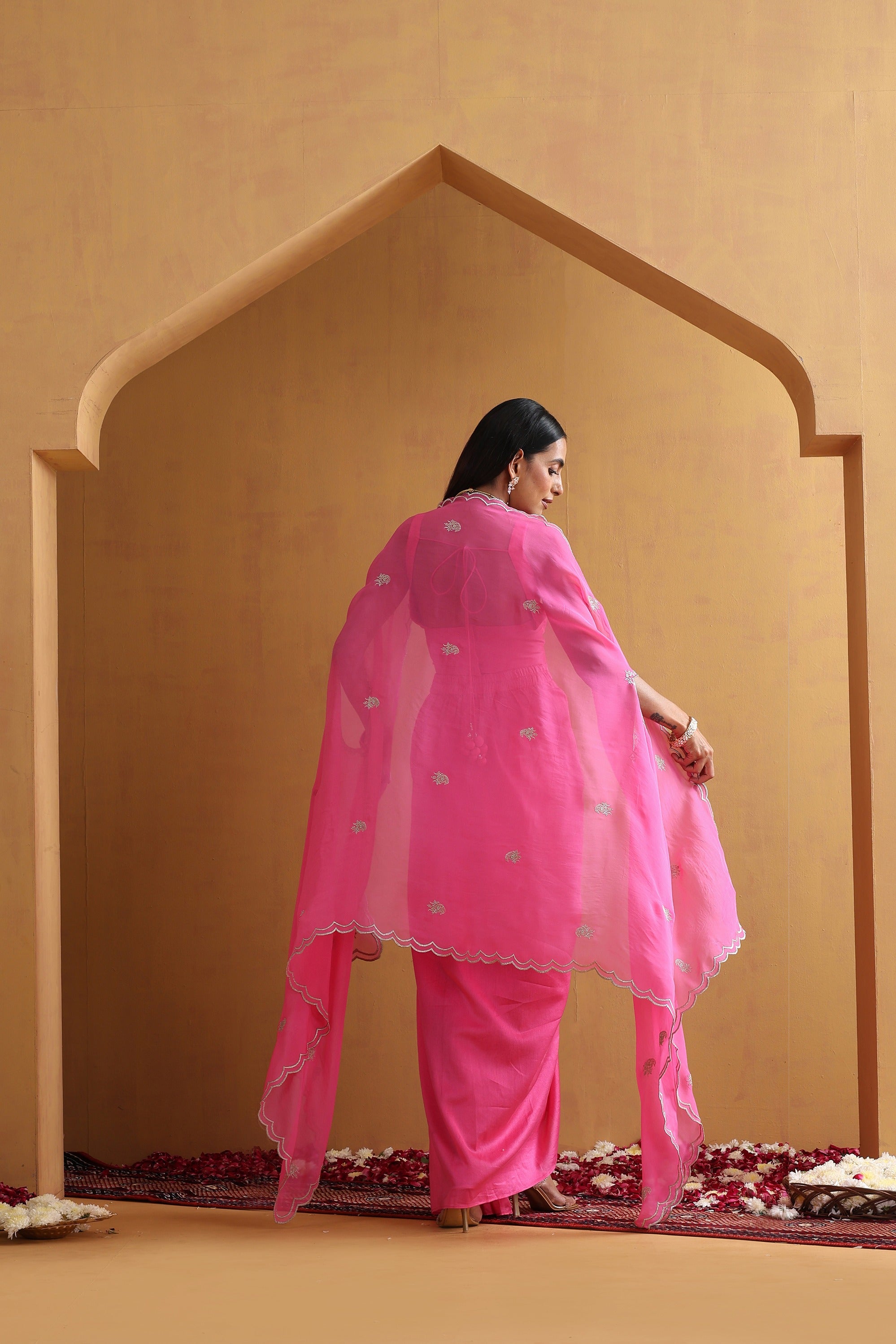 Pink Embroidered Draped Skirt Set with Cape