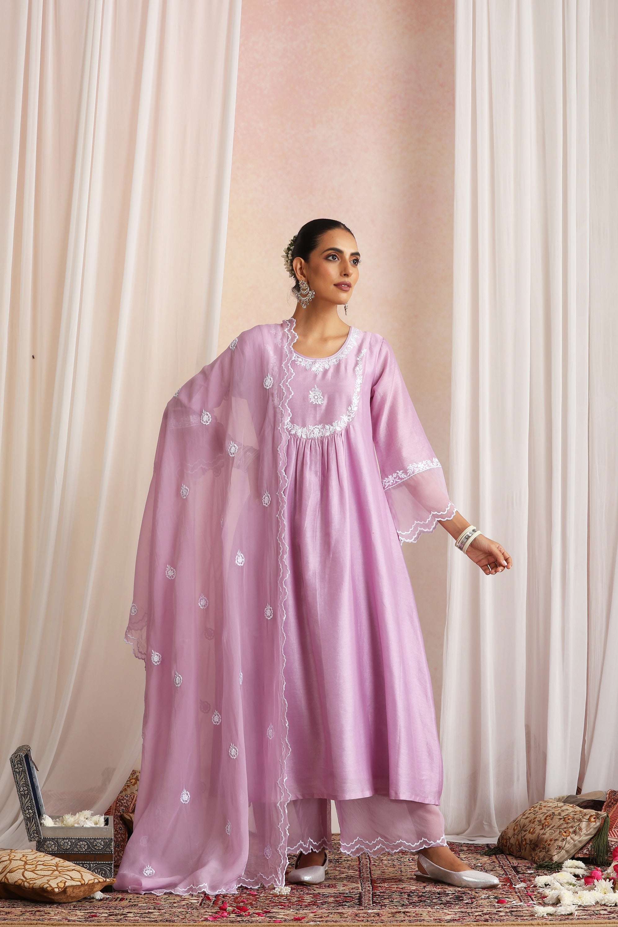 Lavender Embroidered Kurta Set with Dupatta