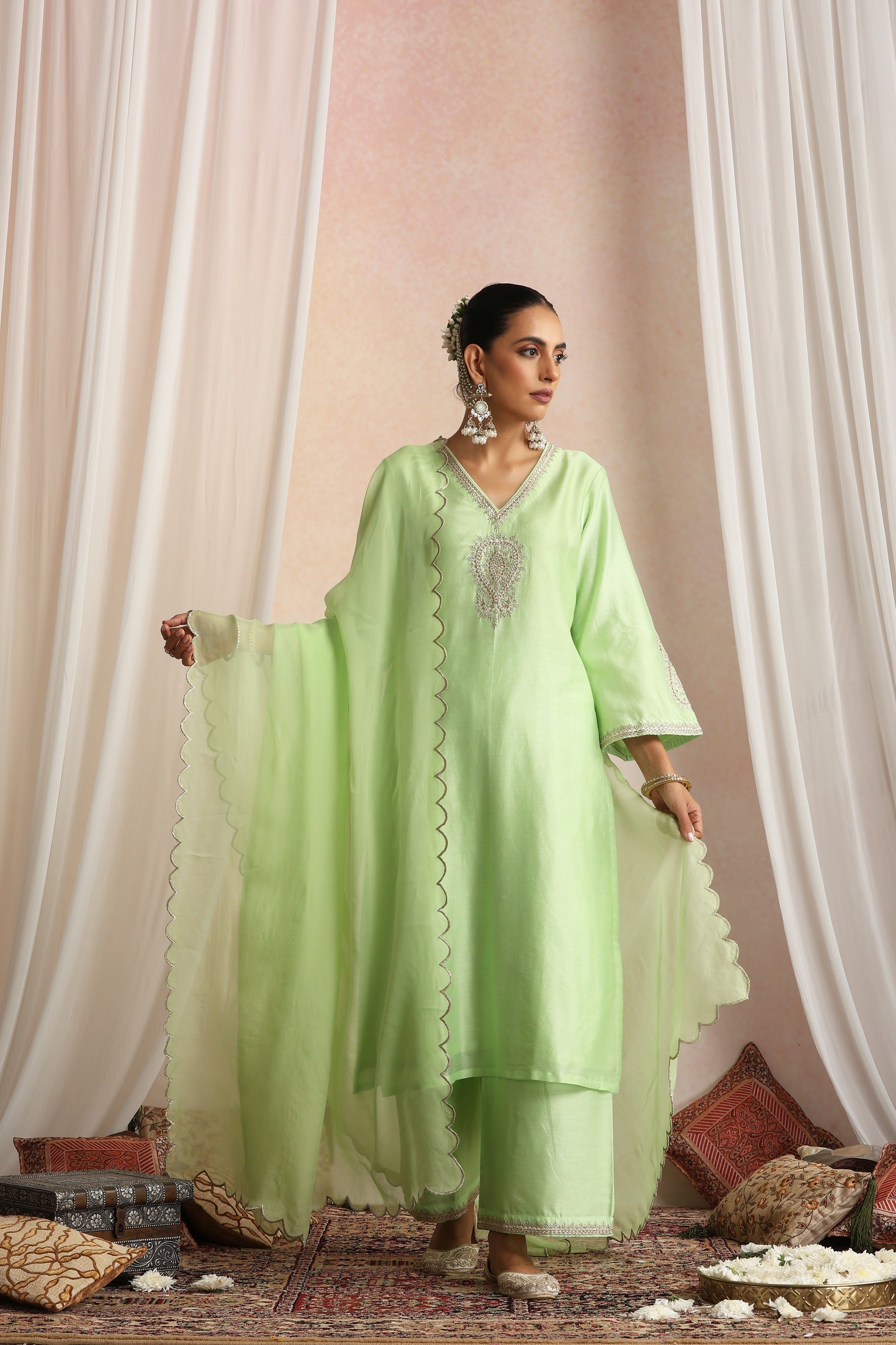 Pastel Green Embroidered Kurta Set with Dupatta
