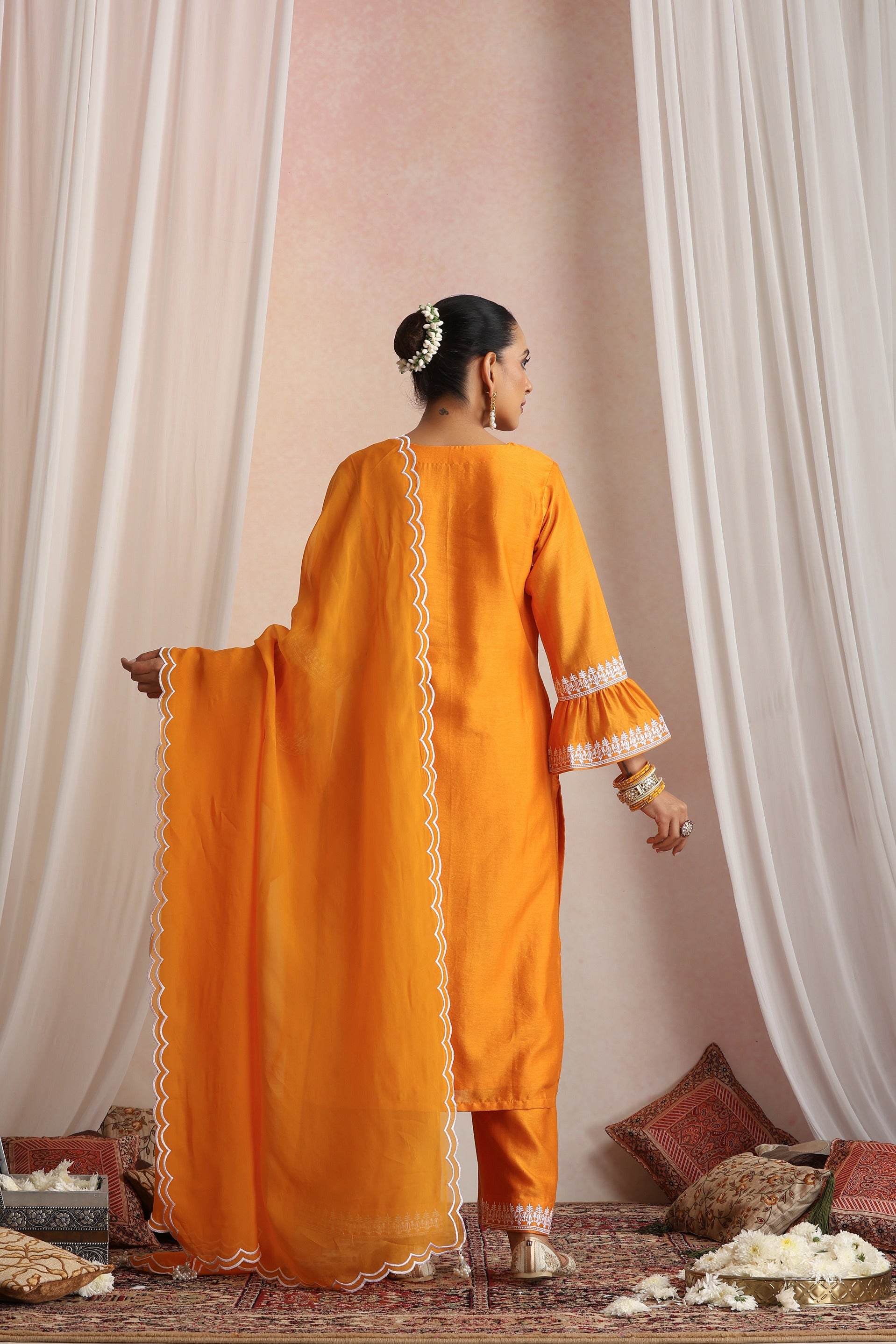 Orange Embroidered Kurta Set with Dupatta