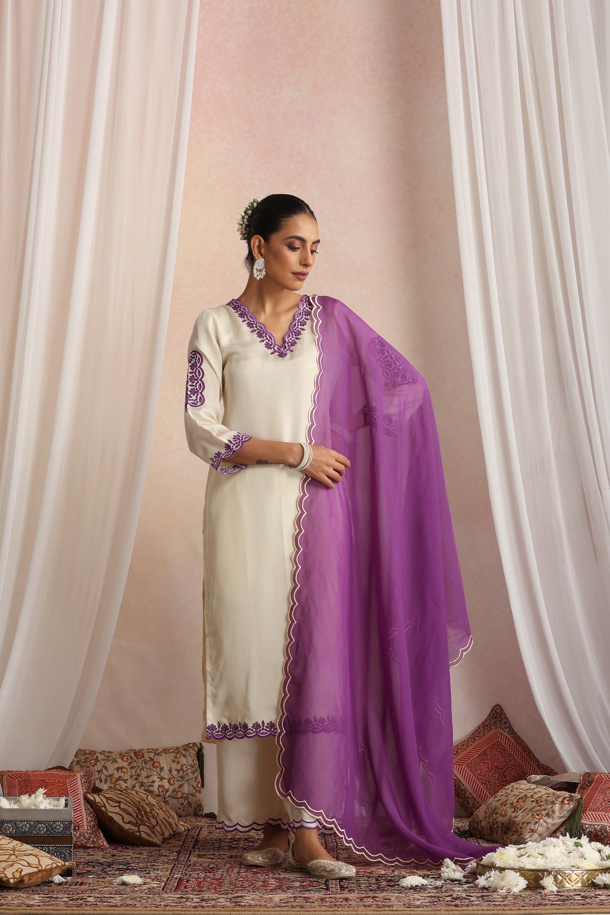 Cream Embroidered Cutwork Kurta Set with Dupatta
