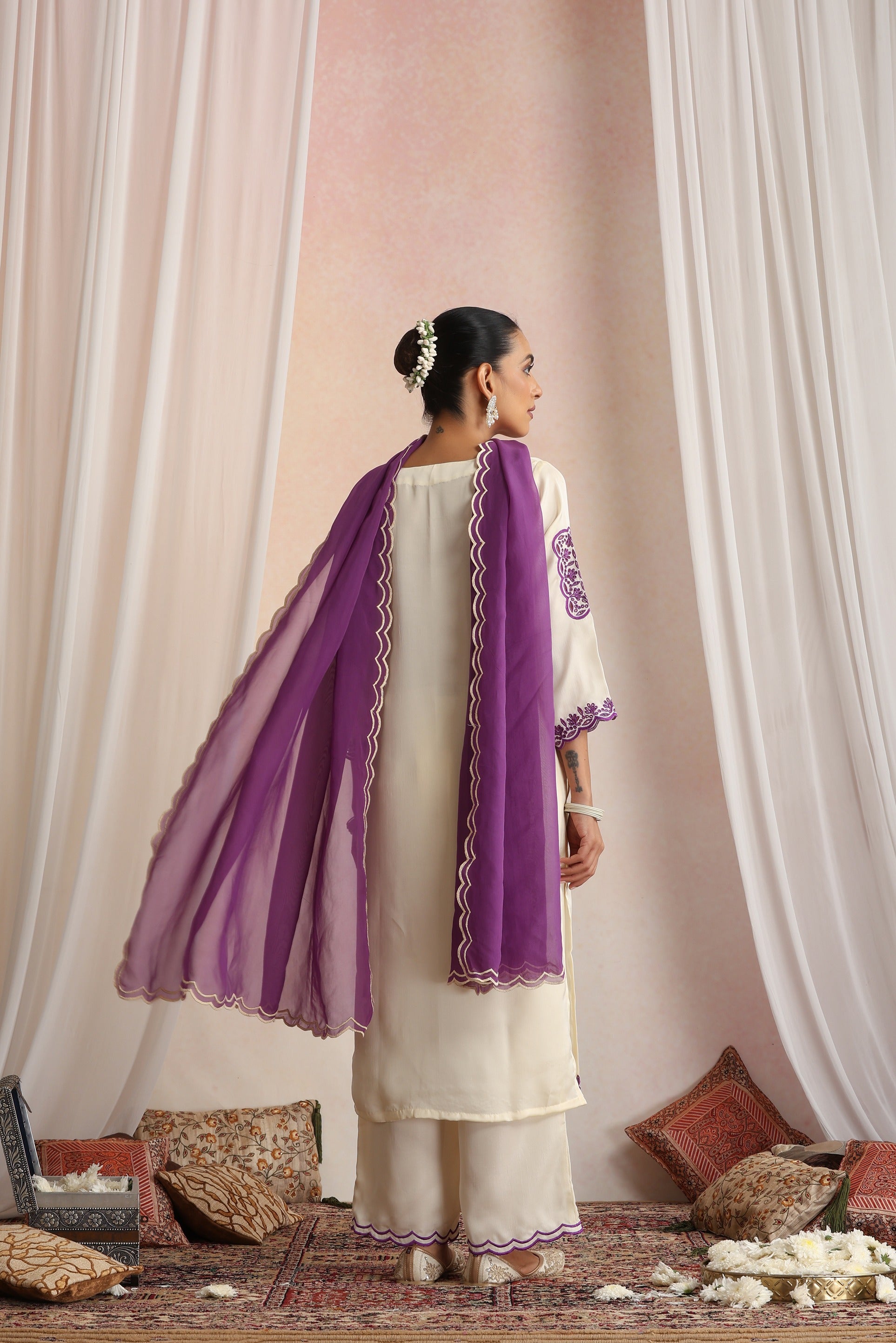 Cream Embroidered Cutwork Kurta Set with Dupatta