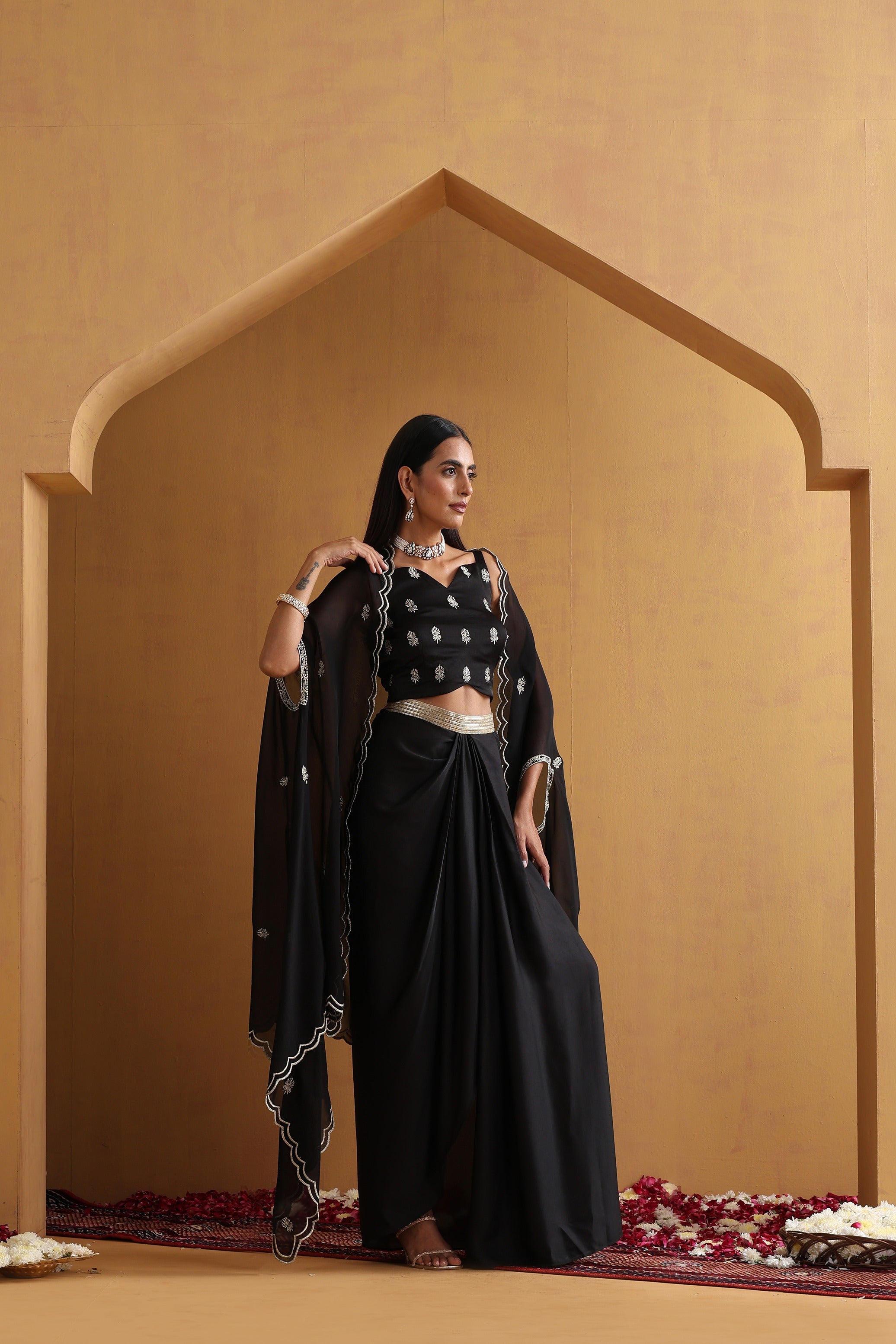 Black Embroidered Draped Skirt Set with Cape
