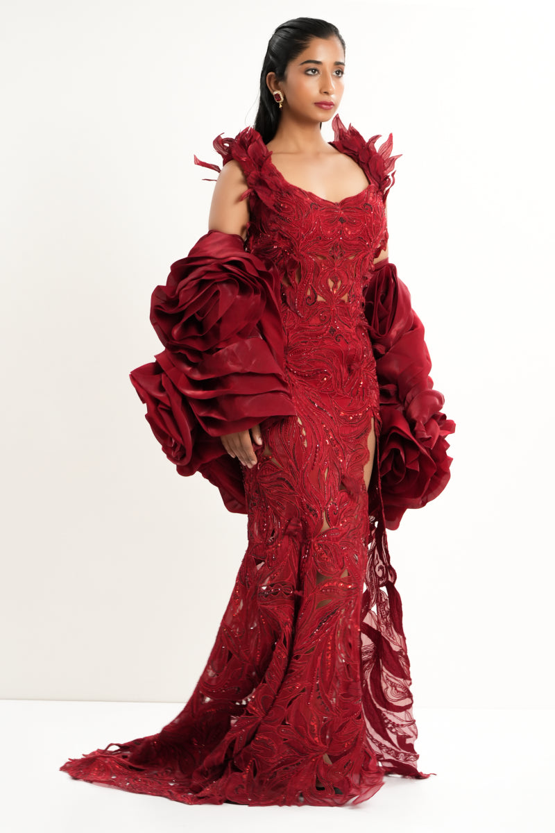 Red Mermaid Cutwork Gown