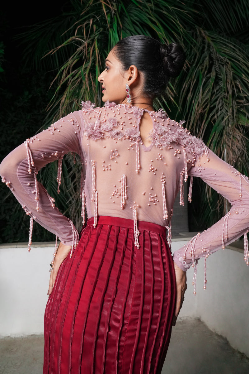 Pink Bodysuit With Red Skirt