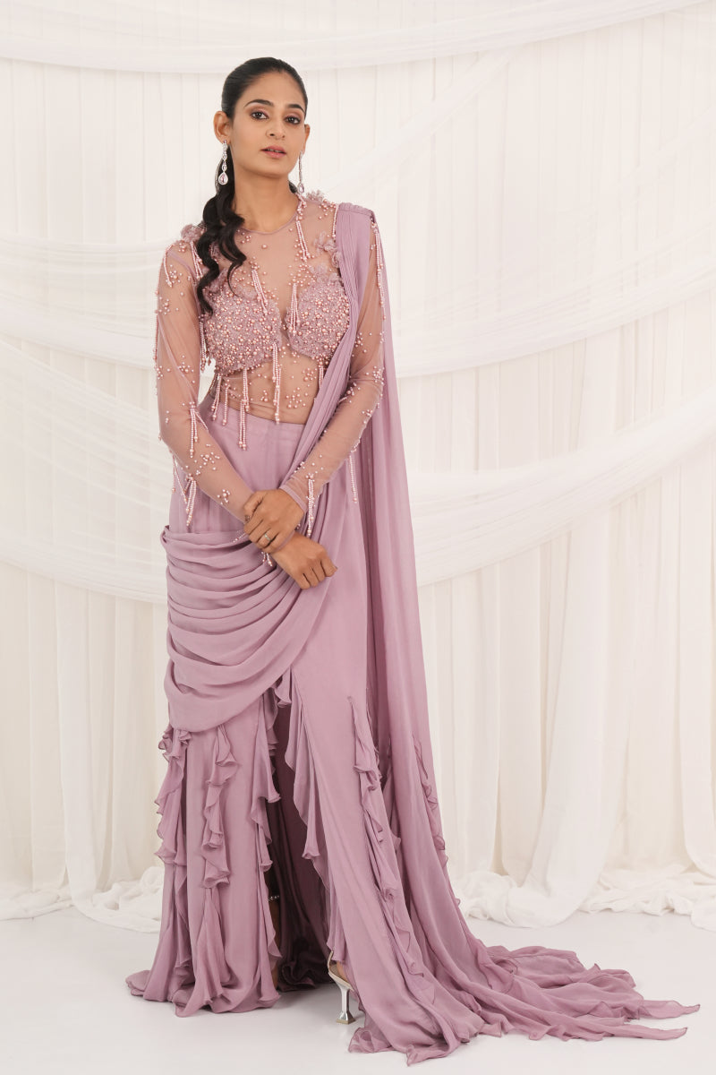 Cashmere Rose Draped Sarees With Bodysuit