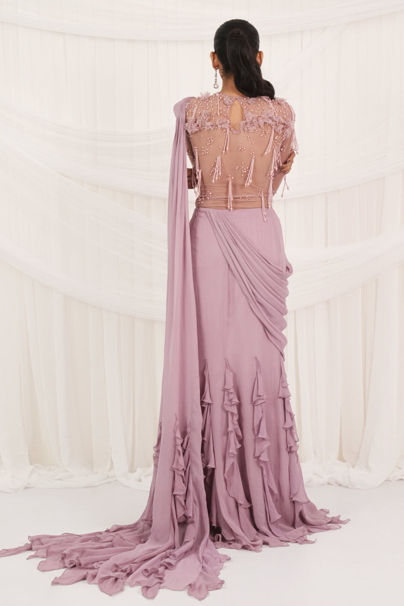 Cashmere Rose Draped Sarees With Bodysuit