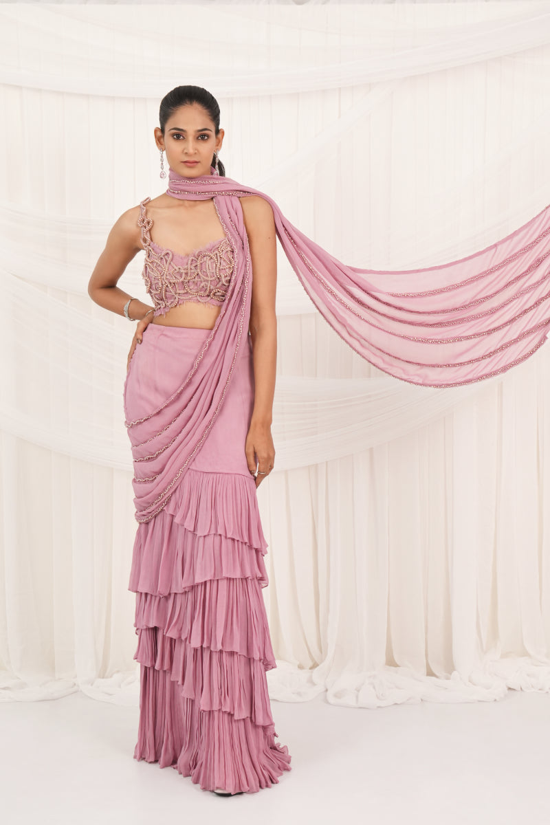 Cashmare Rose Draped Layer Sarees