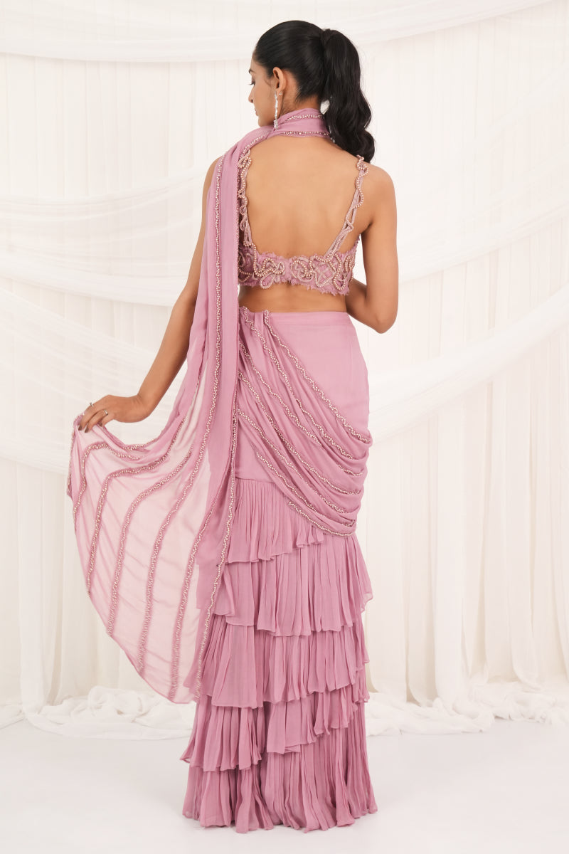 Cashmare Rose Draped Layer Sarees