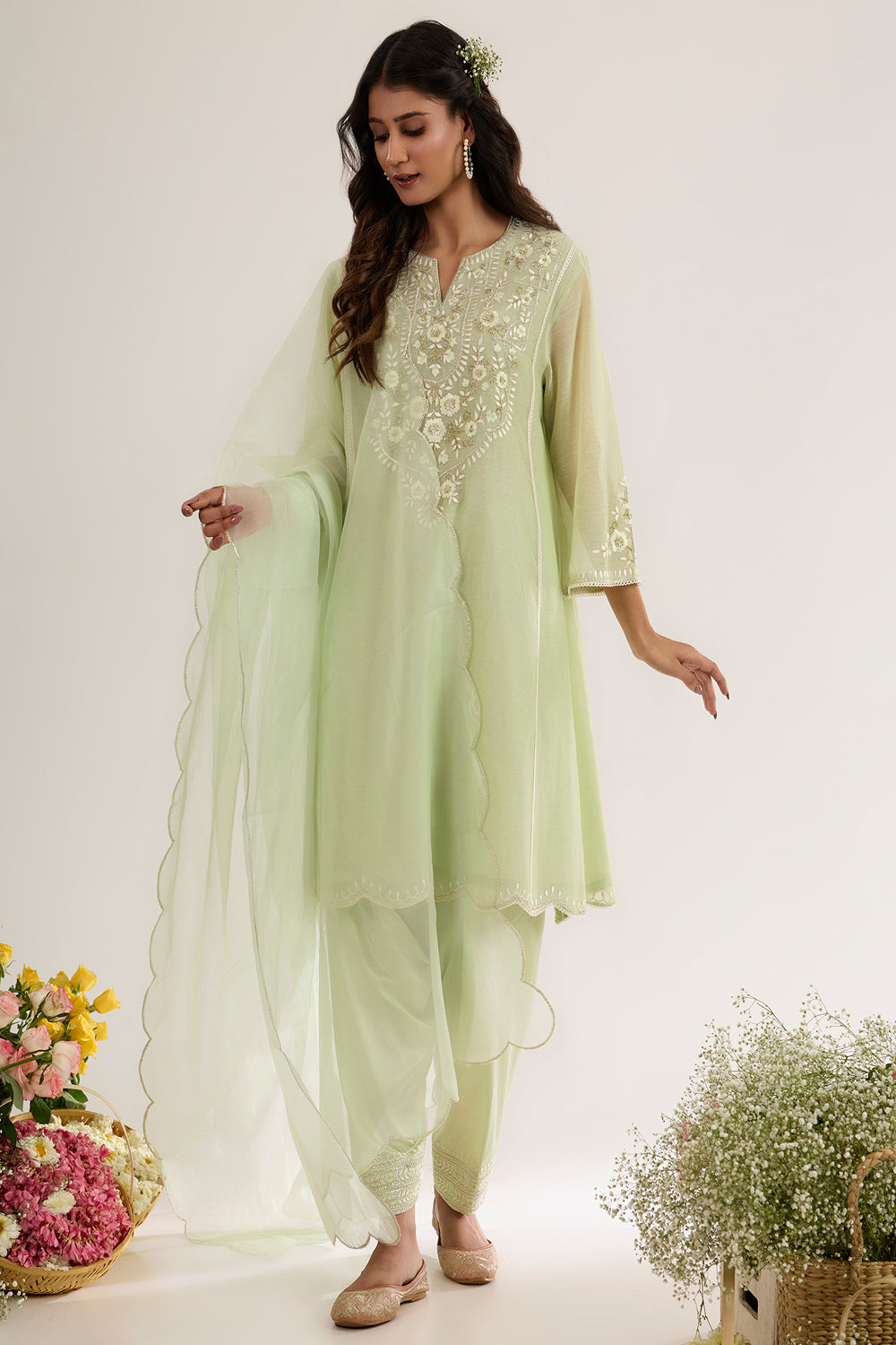 Long Choga With Salwar And Organza Dupatta