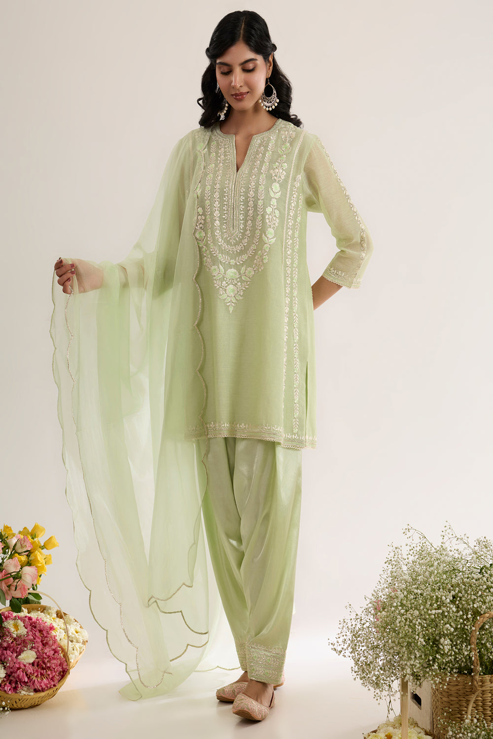 Short Choga With Salwar And Organza Dupatta