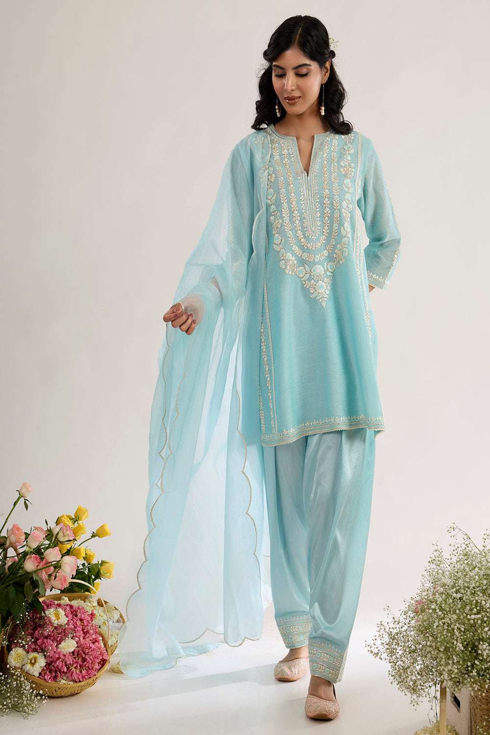 Short Choga With Salwar And Organza Dupatta