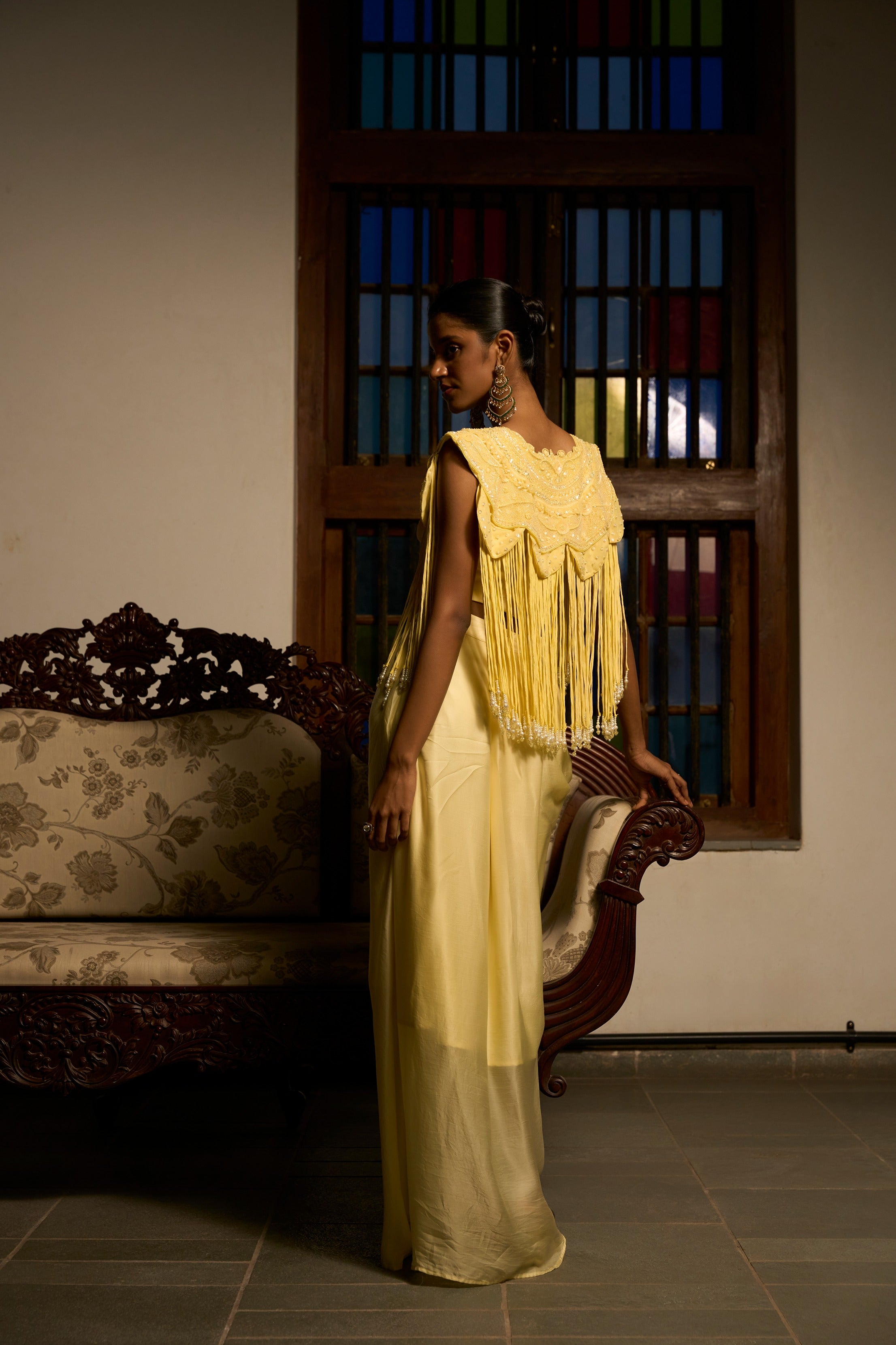 Lemon Mist Drape Co-Ord With Cowl Skirt