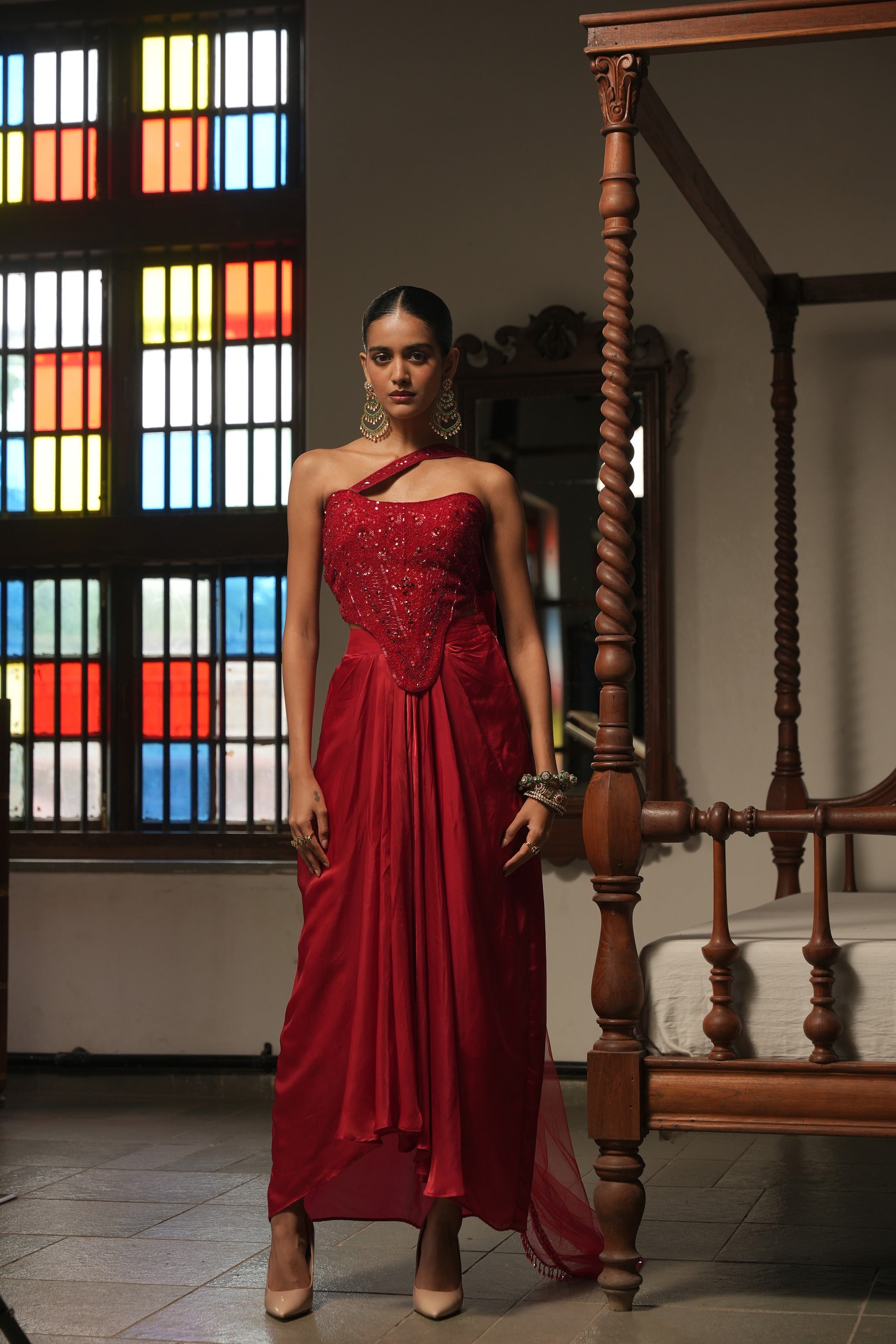 Red Mirage Draped Corset Set