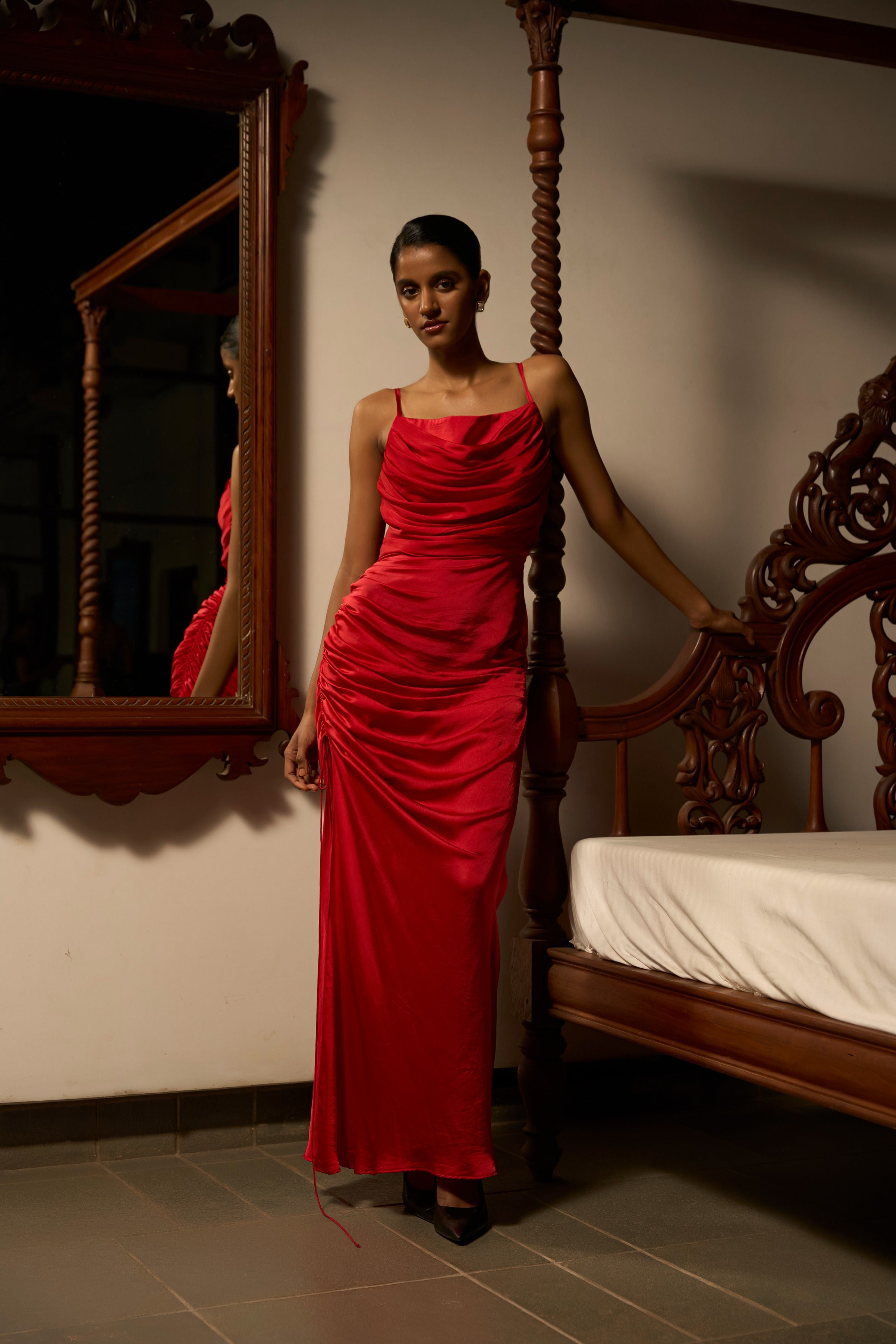 Draped In Desire – The Red Satin Gown