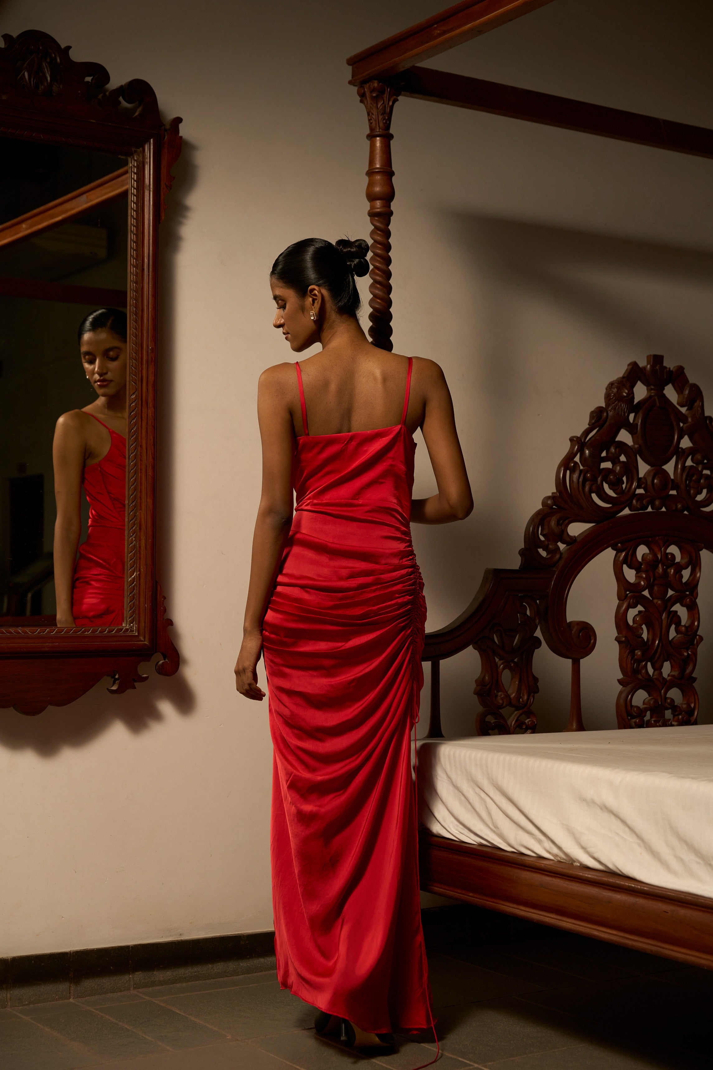Draped In Desire – The Red Satin Gown
