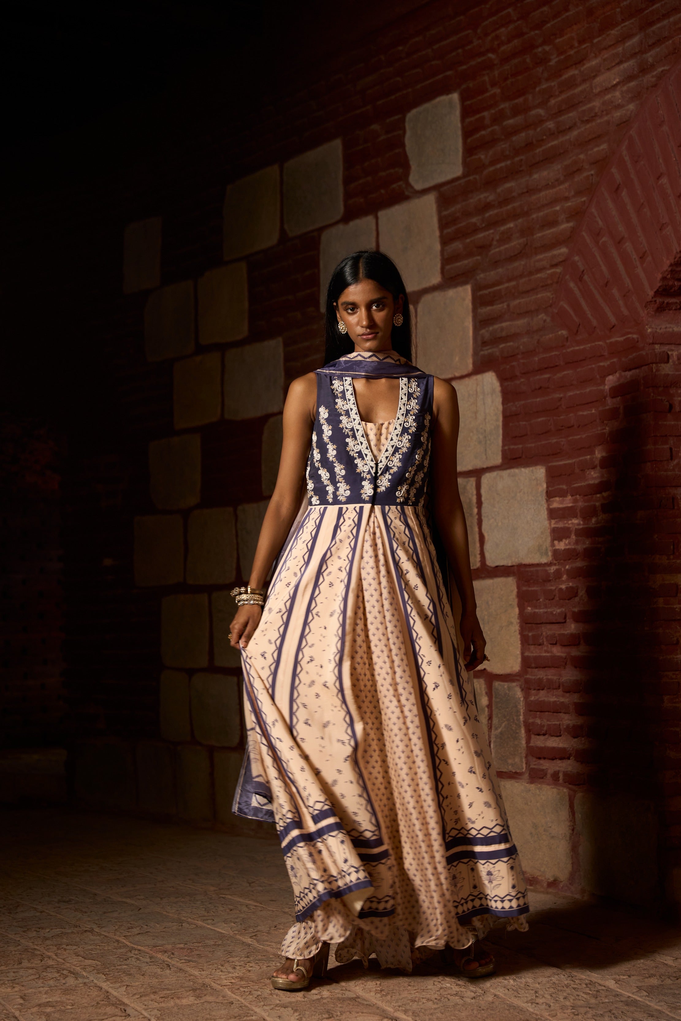 Mauve Ivory Blue Jacket - Gown Set
