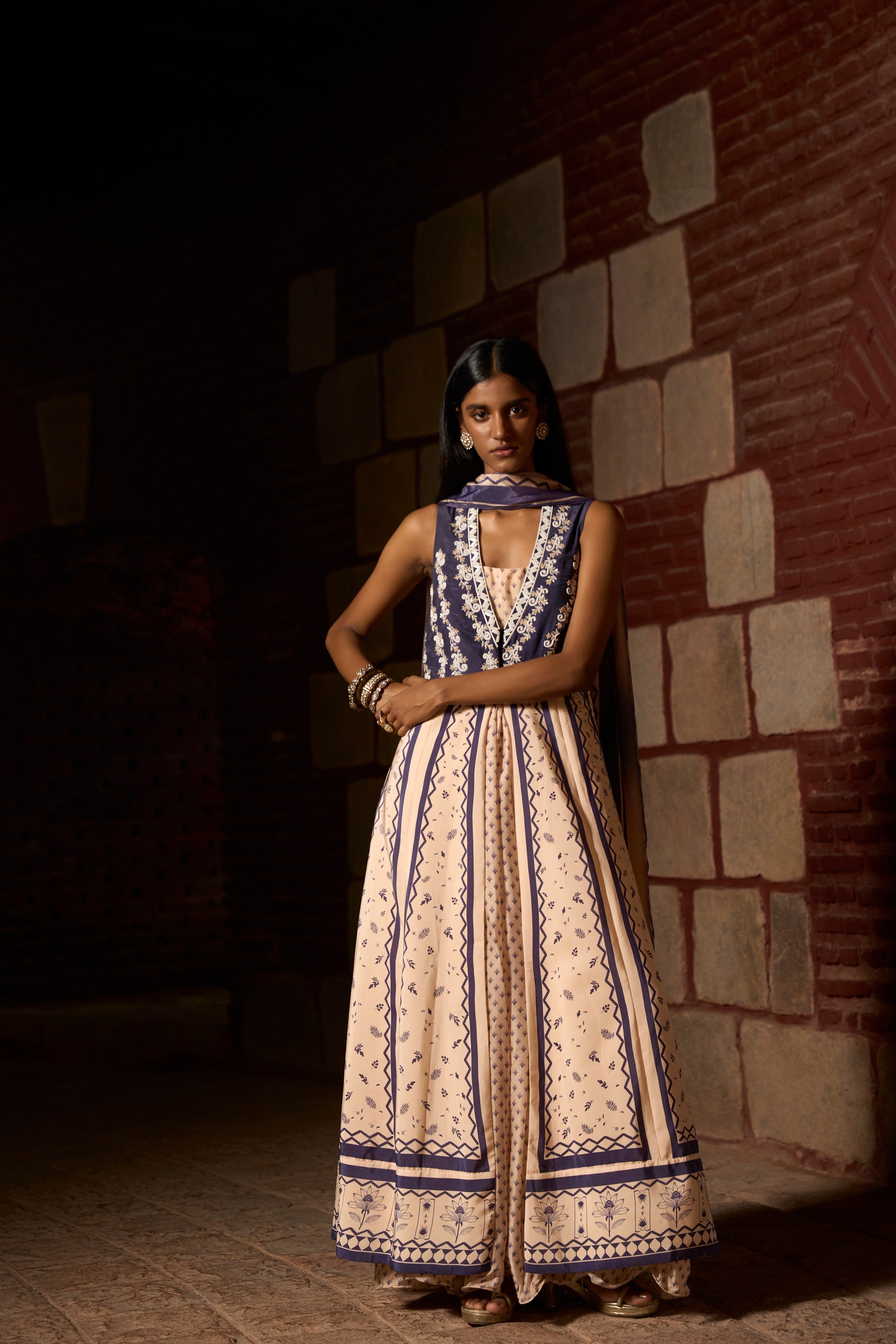 Mauve Ivory Blue Jacket - Gown Set