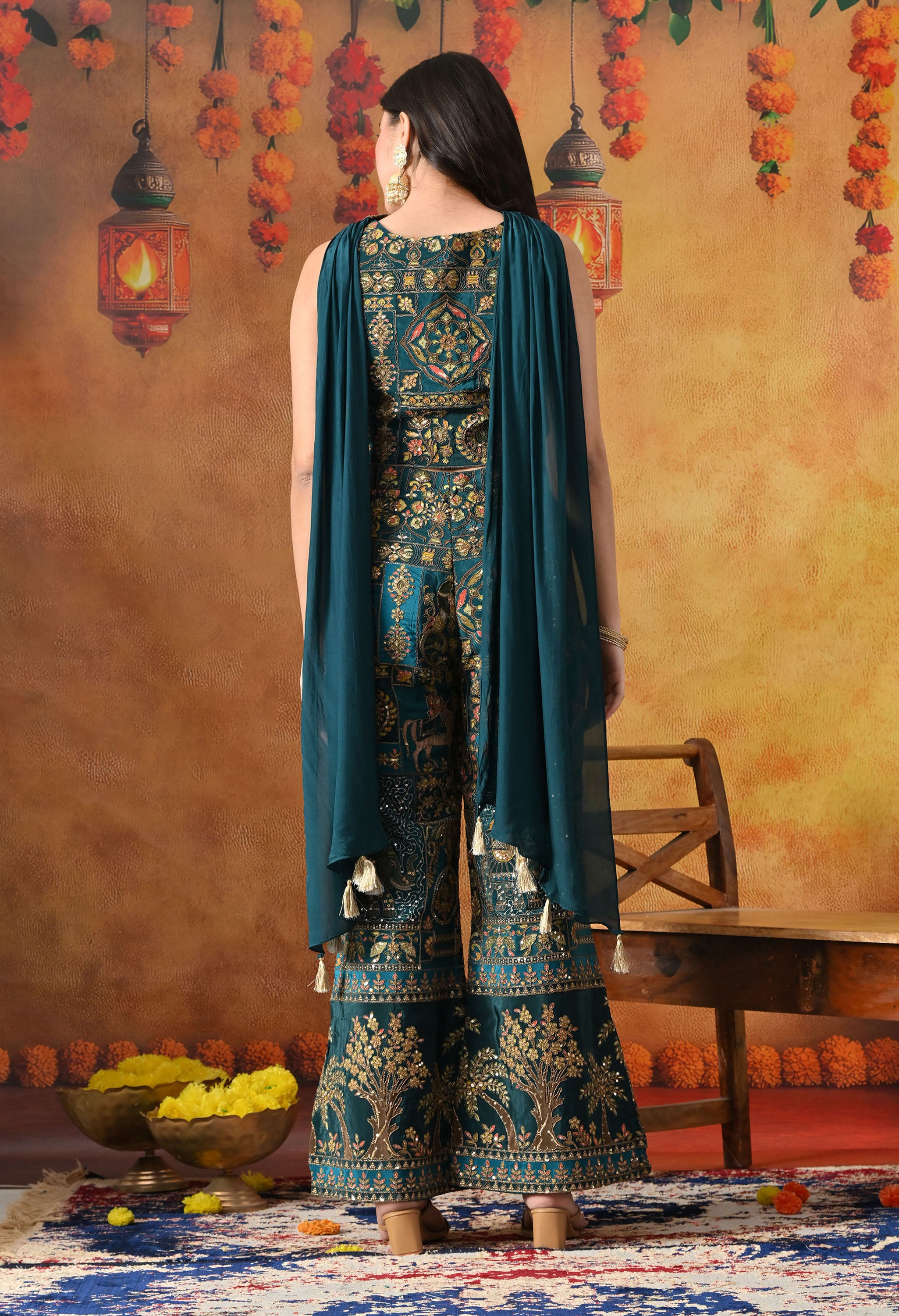 Sea Blue Crepe Indo Western Set