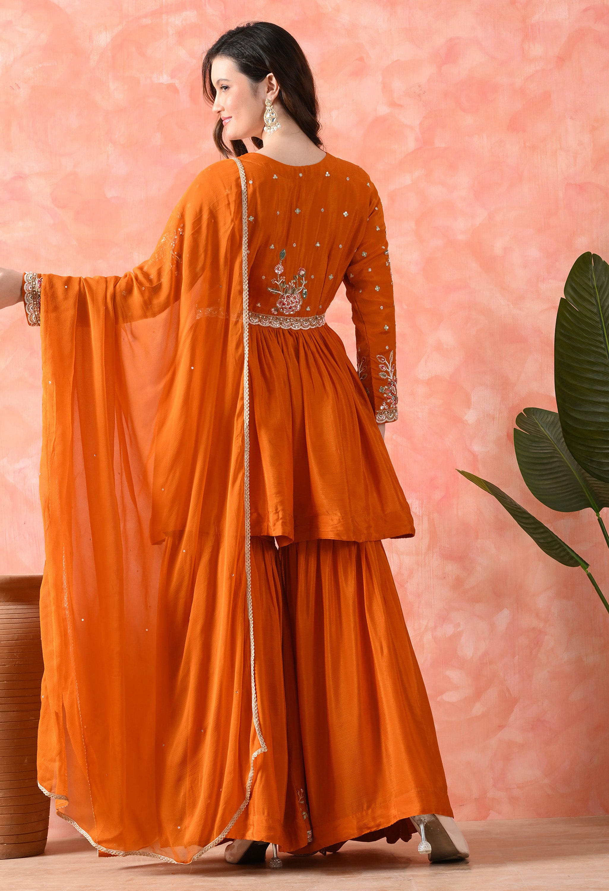 Orange Chinon Peplum With Gharara And Dupatta