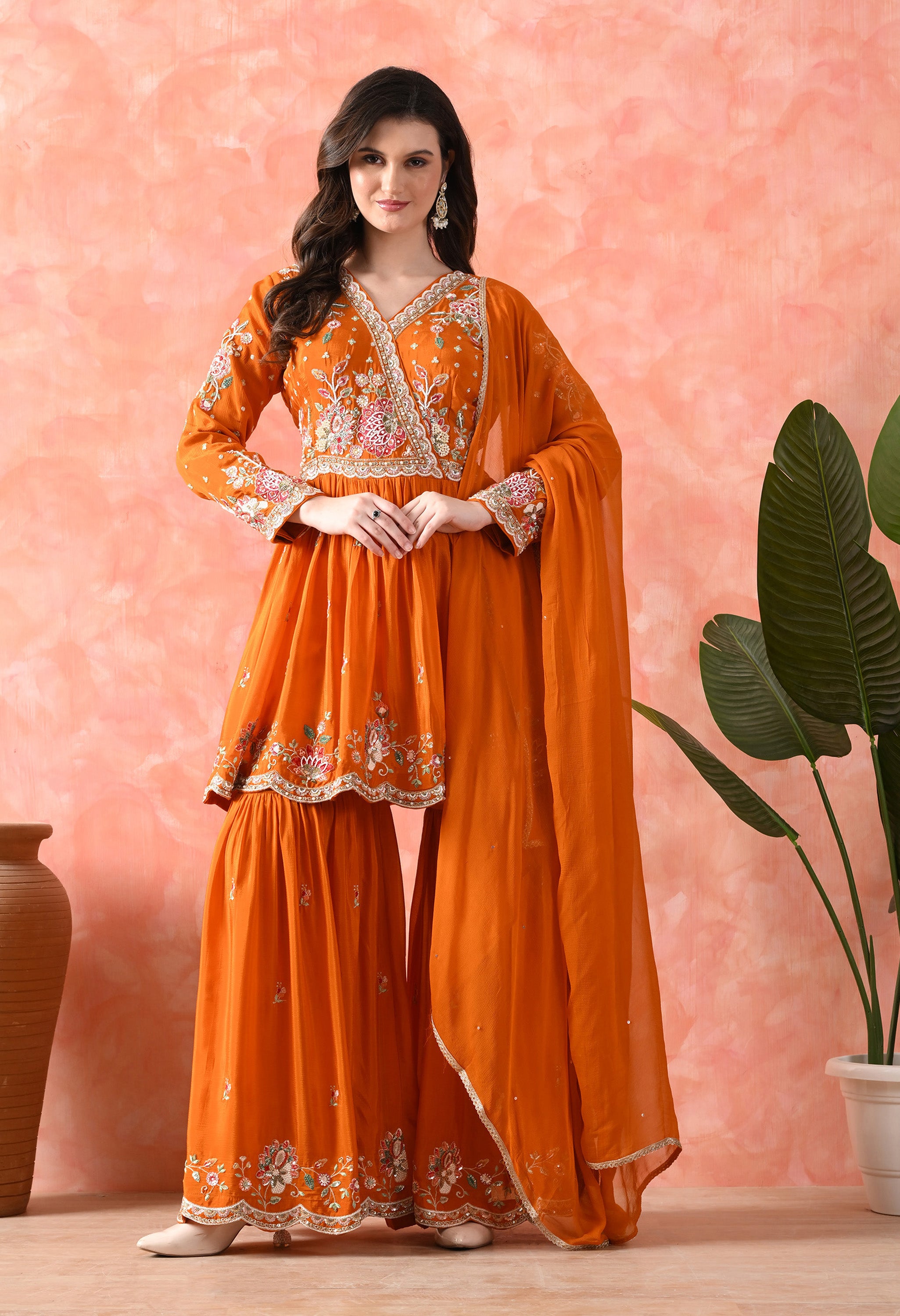 Orange Chinon Peplum With Gharara And Dupatta