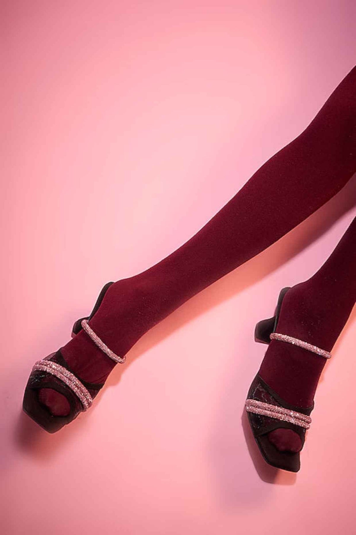 Black Vegan Leather Pink Rhinestone Embellished Square-Shaped Heels