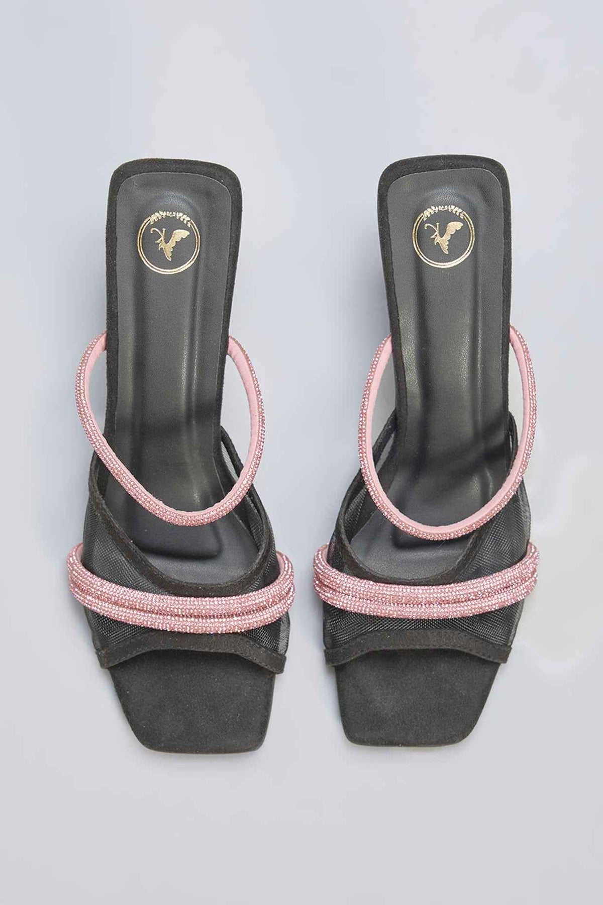 Black Vegan Leather Pink Rhinestone Embellished Square-Shaped Heels