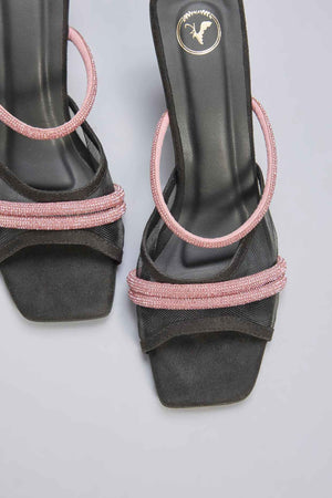 Black Vegan Leather Pink Rhinestone Embellished Square-Shaped Heels