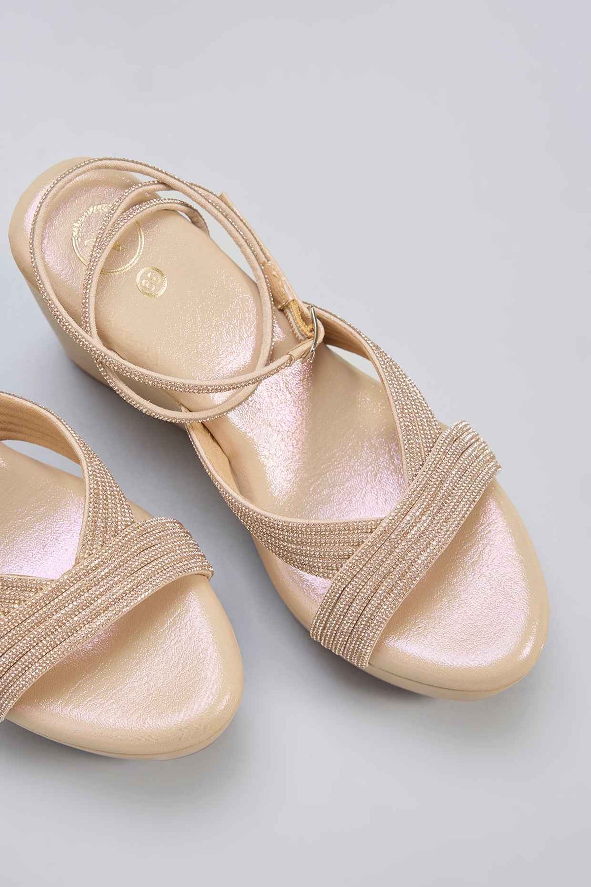 Gold Vegan Leather Champagne Rhinestone Embellished Wedges