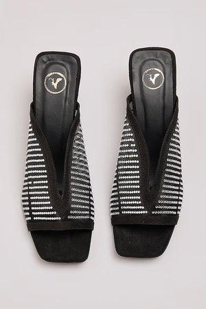 Black With White Studed Net Heel