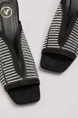 Black With White Studed Net Heel