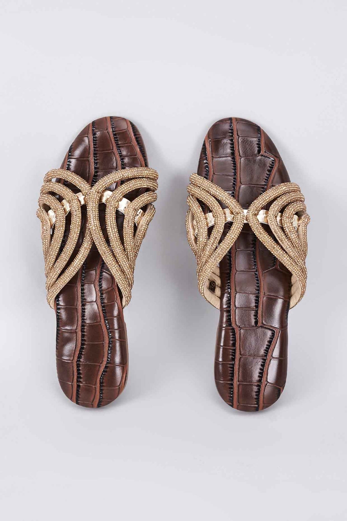 Brown Synthetic & Vegan Diamond Rhinestone Embellished Crocs Flats