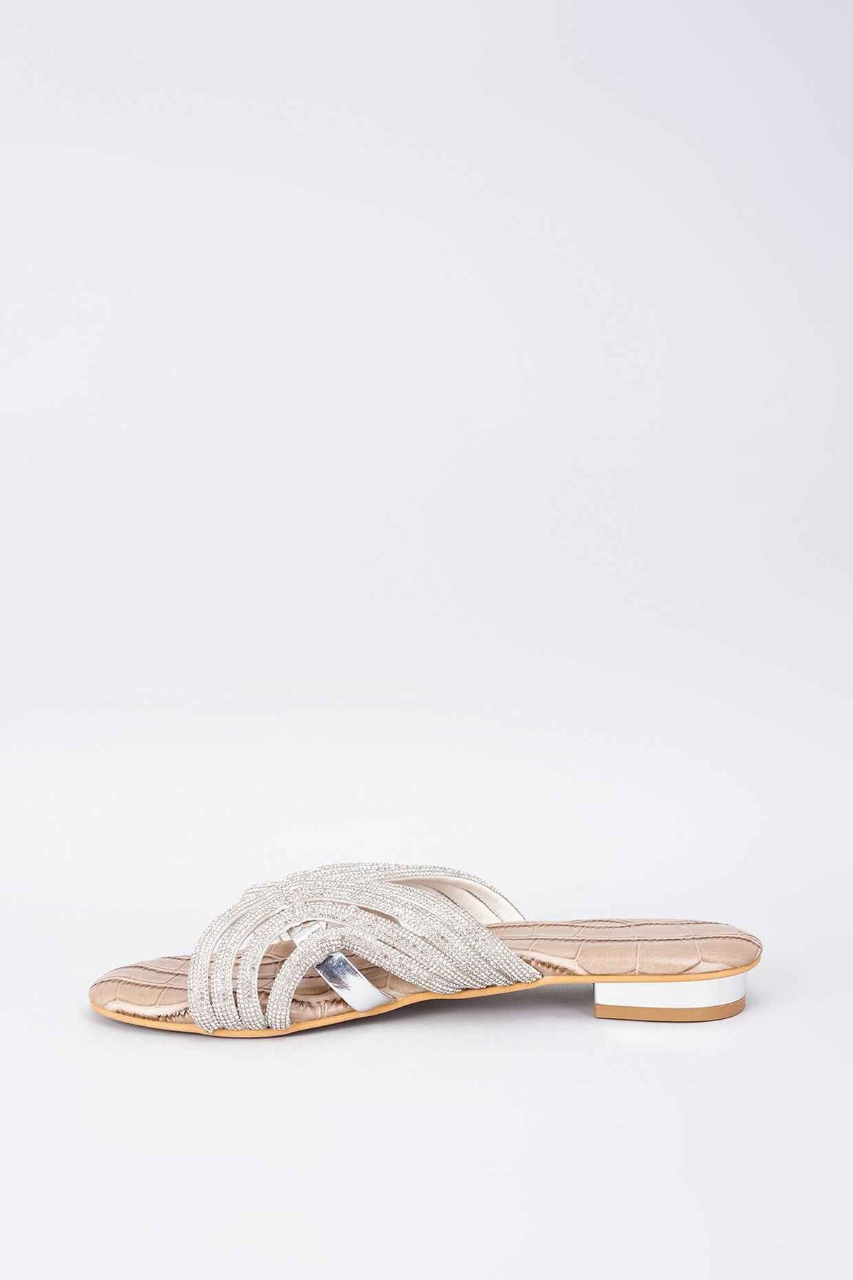 Beige Synthetic & Vegan Rhinestone Embellished Crocs Flats