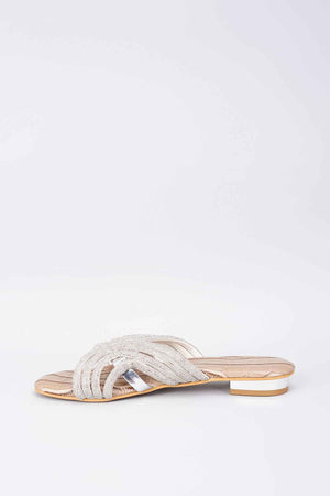 Beige Synthetic & Vegan Rhinestone Embellished Crocs Flats