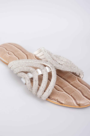 Beige Synthetic & Vegan Rhinestone Embellished Crocs Flats