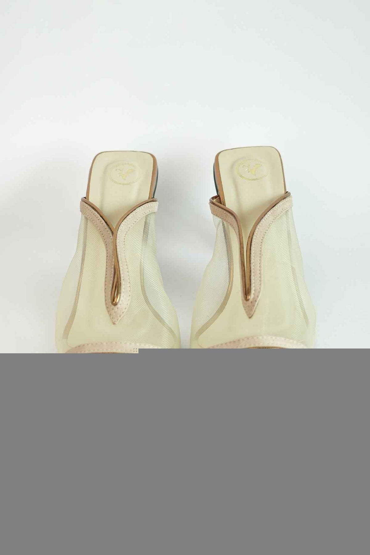 Gold Shark Net Open Toe Slip on Heels