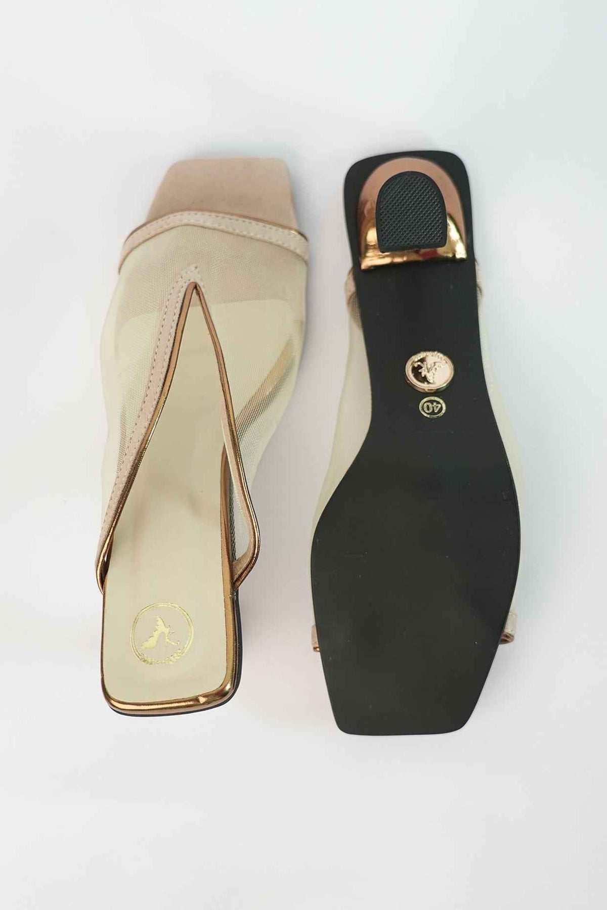 Gold Shark Net Open Toe Slip on Heels
