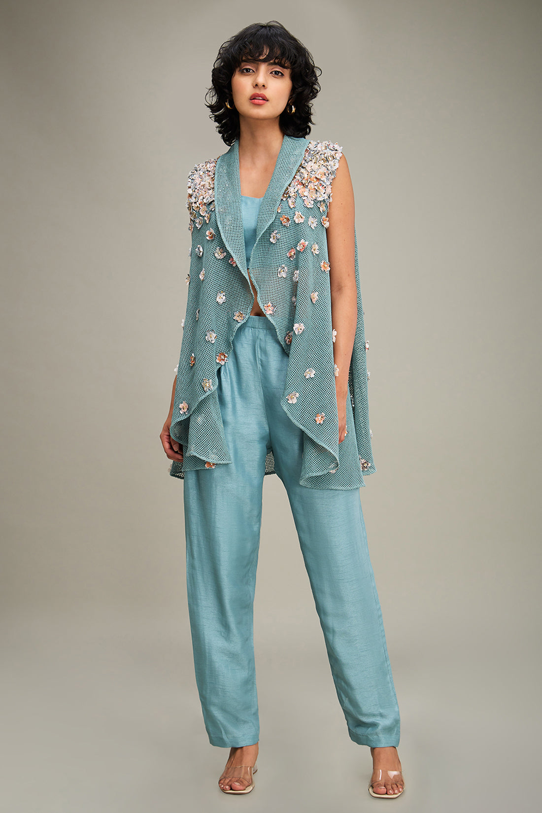 Conversational Embellished Co Ord Set With Cape